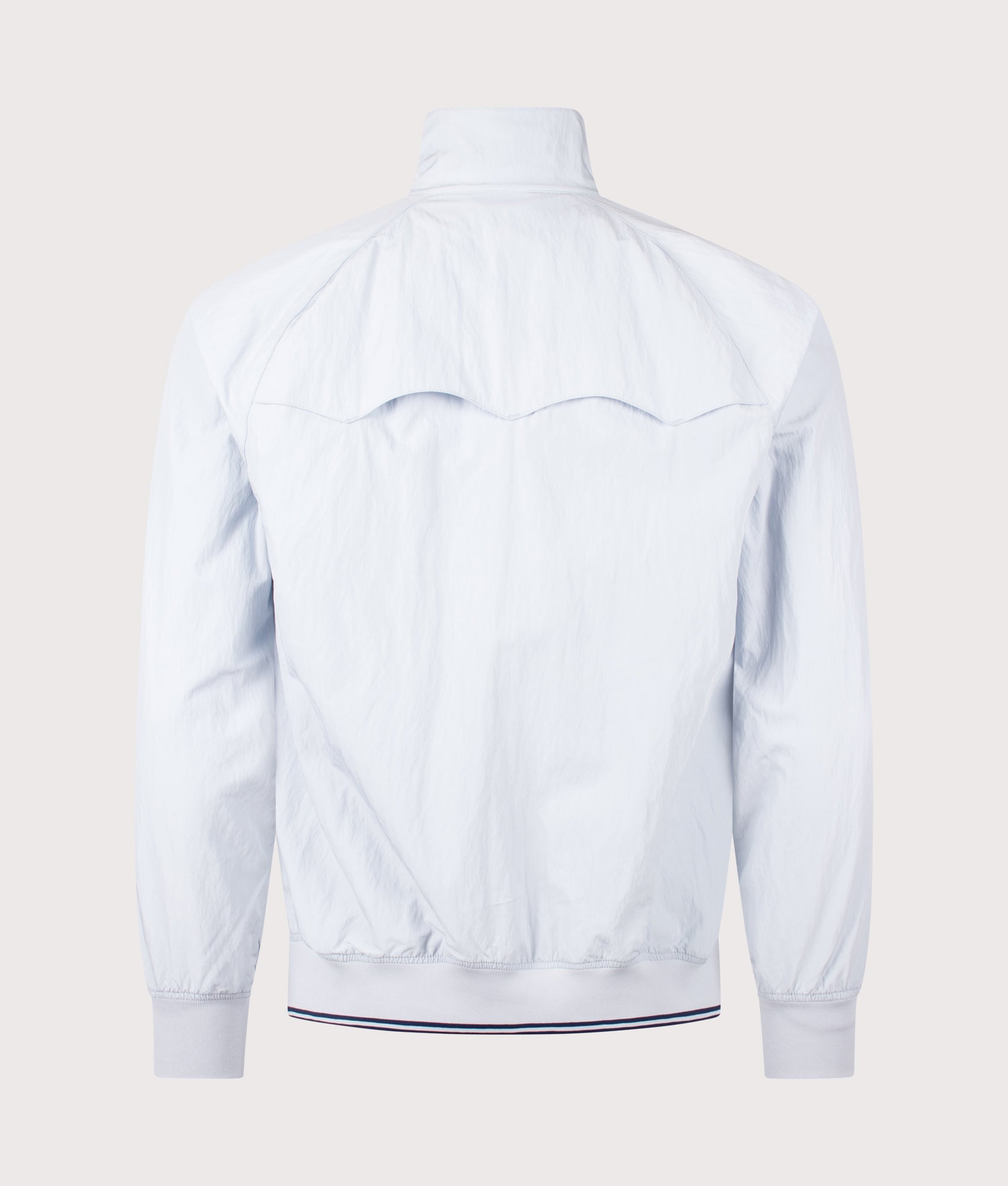 Fred Perry Crinkle Harrington Jacket in Dusky Blue at EQVVS Menswear. Back shot.