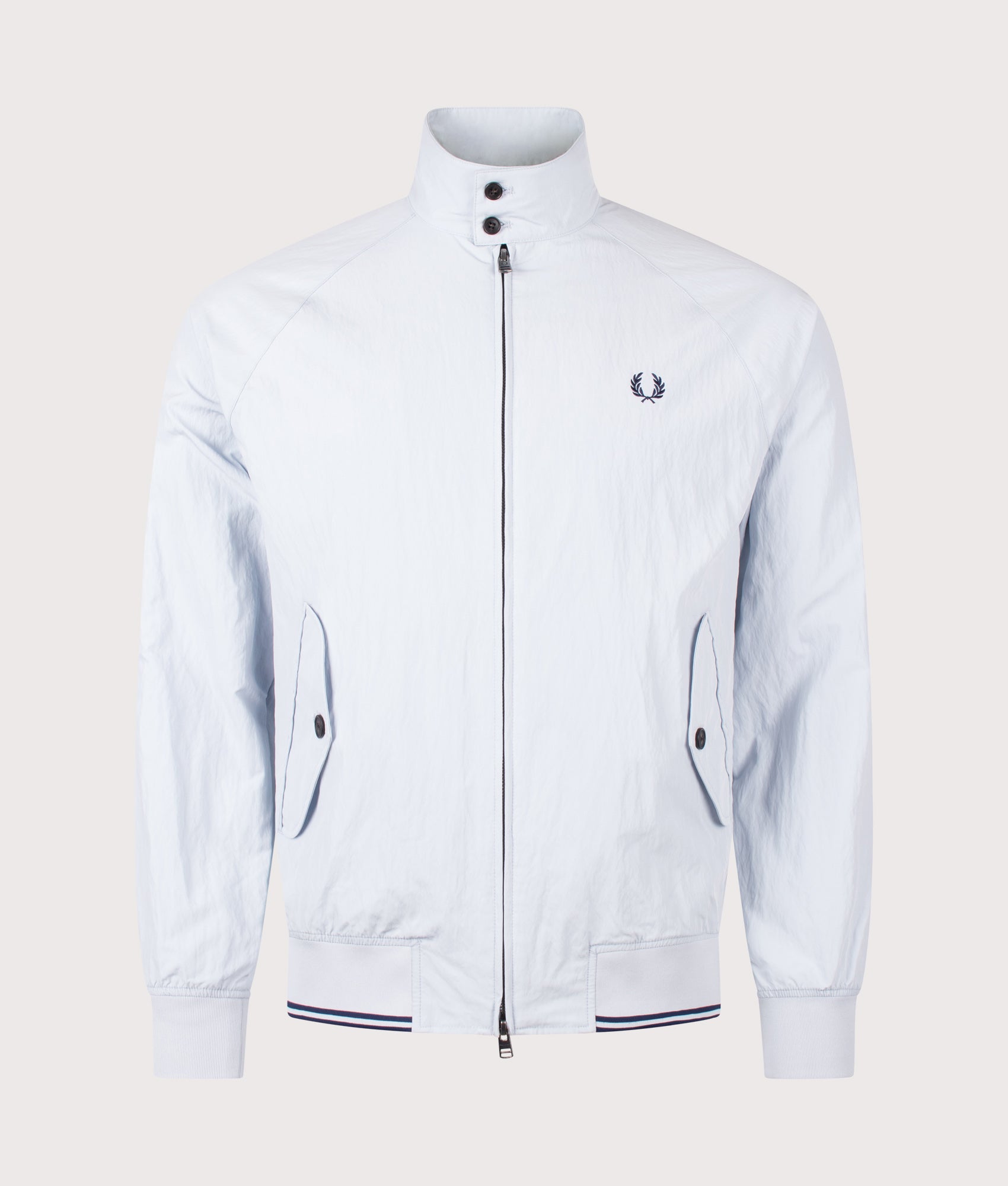 Fred Perry Crinkle Harrington Jacket in Dusky Blue at EQVVS Menswear. Front shot.