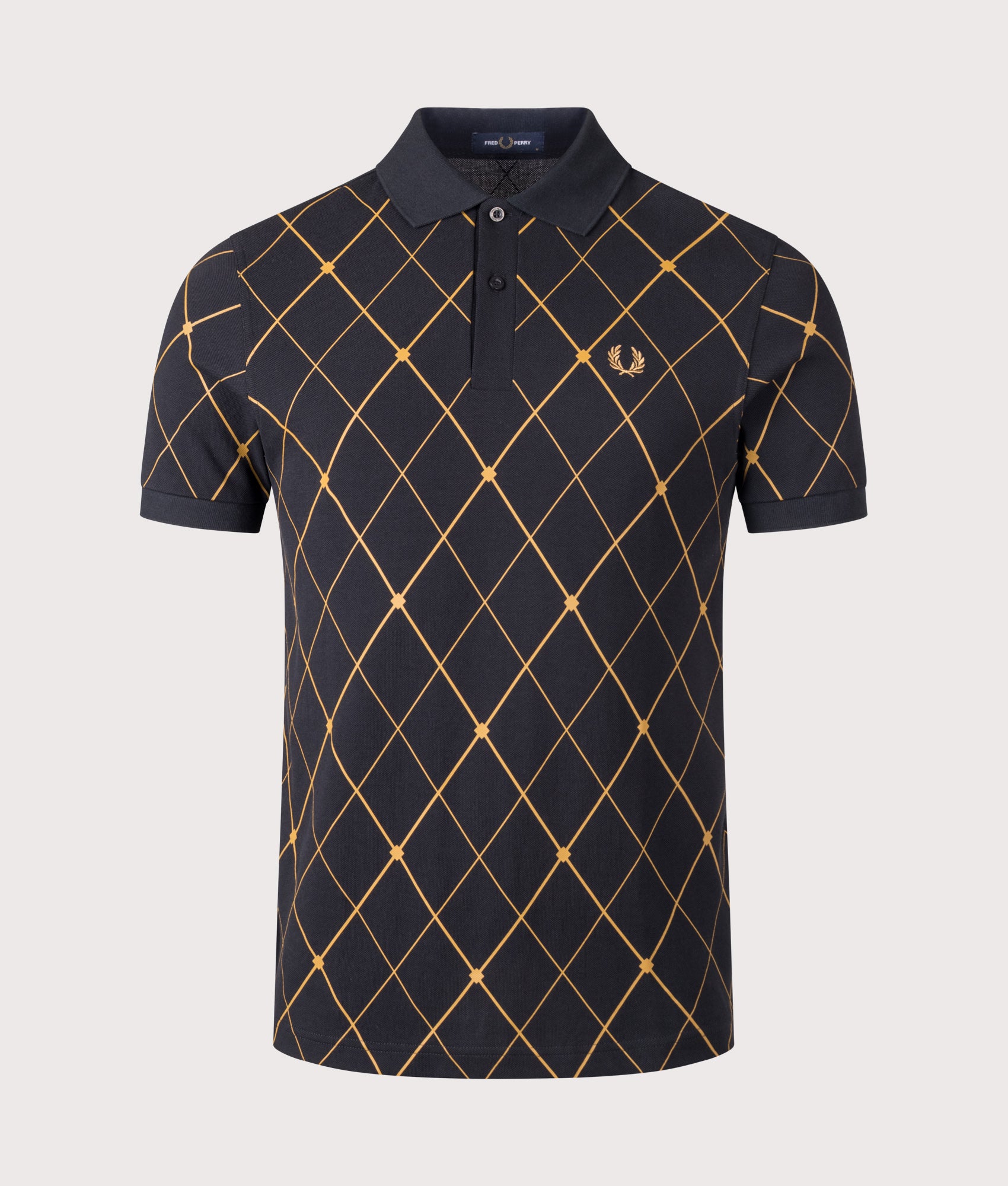 Fred Perry Argyle Print Fred Perry Shirt in Black at EQVVS Menswear. Front shot.
