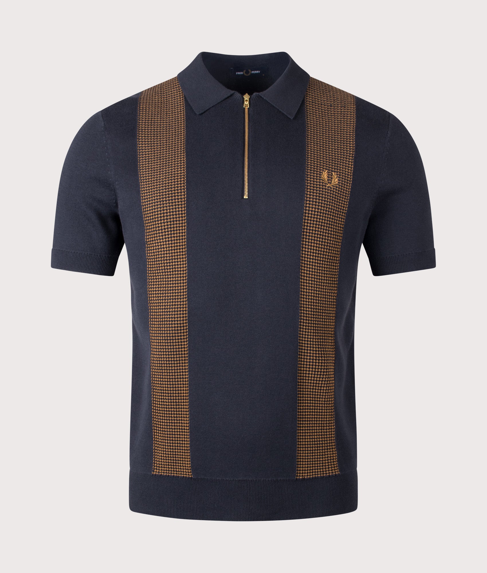 Fred Perry Panel Detail Knitted Polo Shirt in Navy at EQVVS Menswear. Front shot.