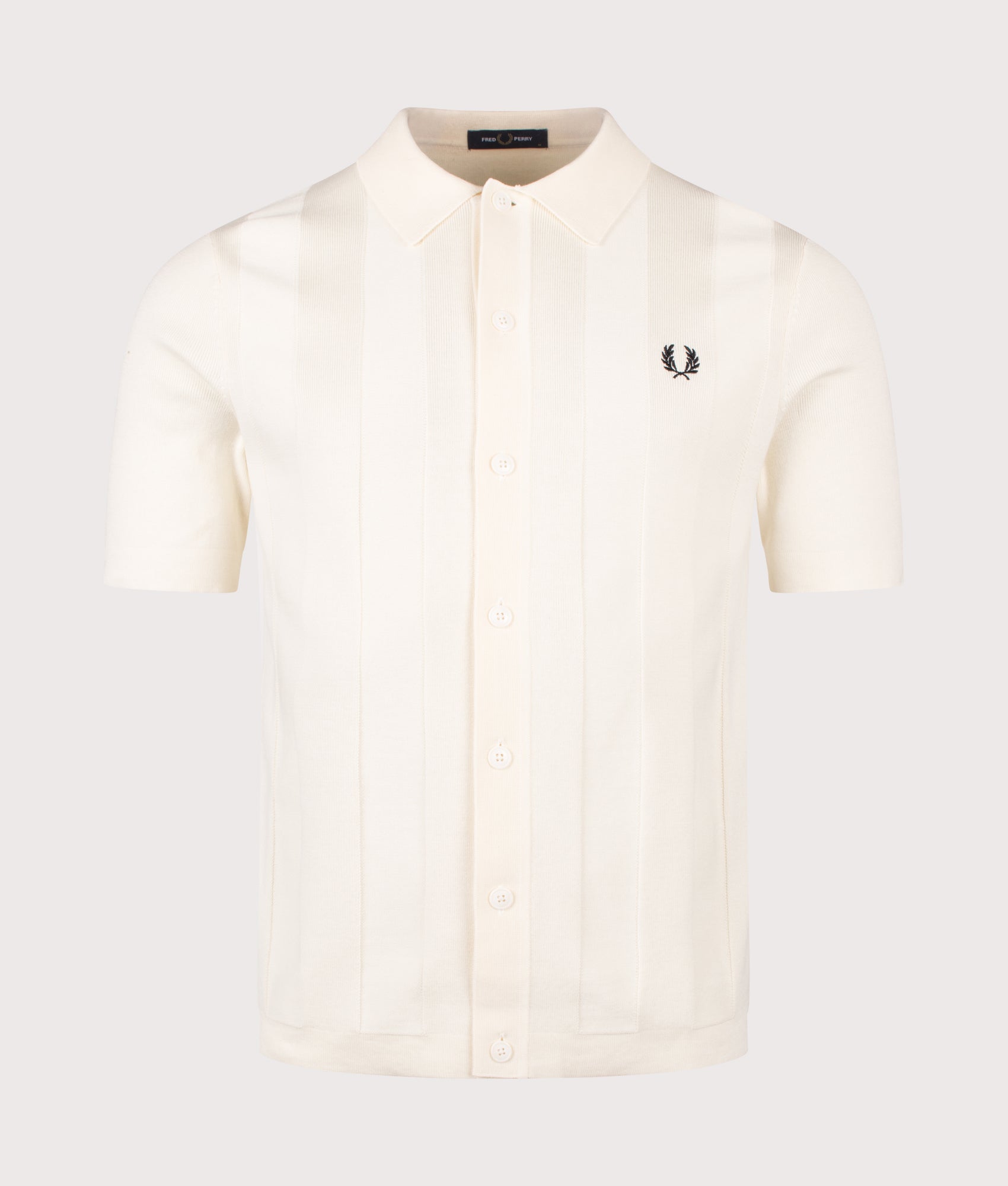 Fred Perry Tonal Vertical Stripe Knitted Shirt in Ecru at EQVVS Menswear. Front shot.