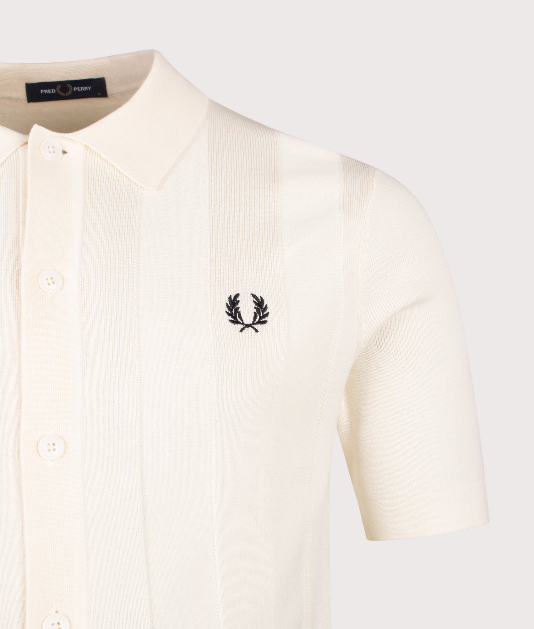 Fred Perry Tonal Vertical Stripe Knitted Shirt in Ecru at EQVVS Menswear. Detail shot.