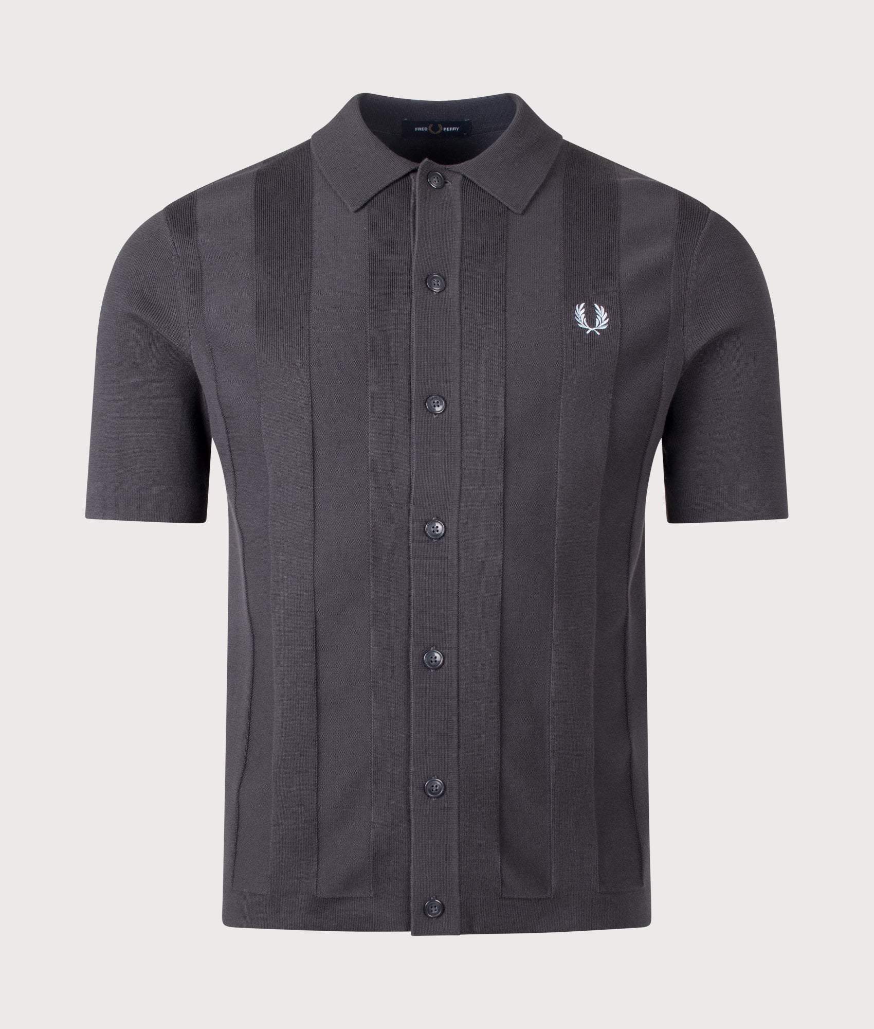 Fred Perry Tonal Vertical Stripe Knitted Shirt in Anchor Grey at EQVVS Menswear. Front shot.