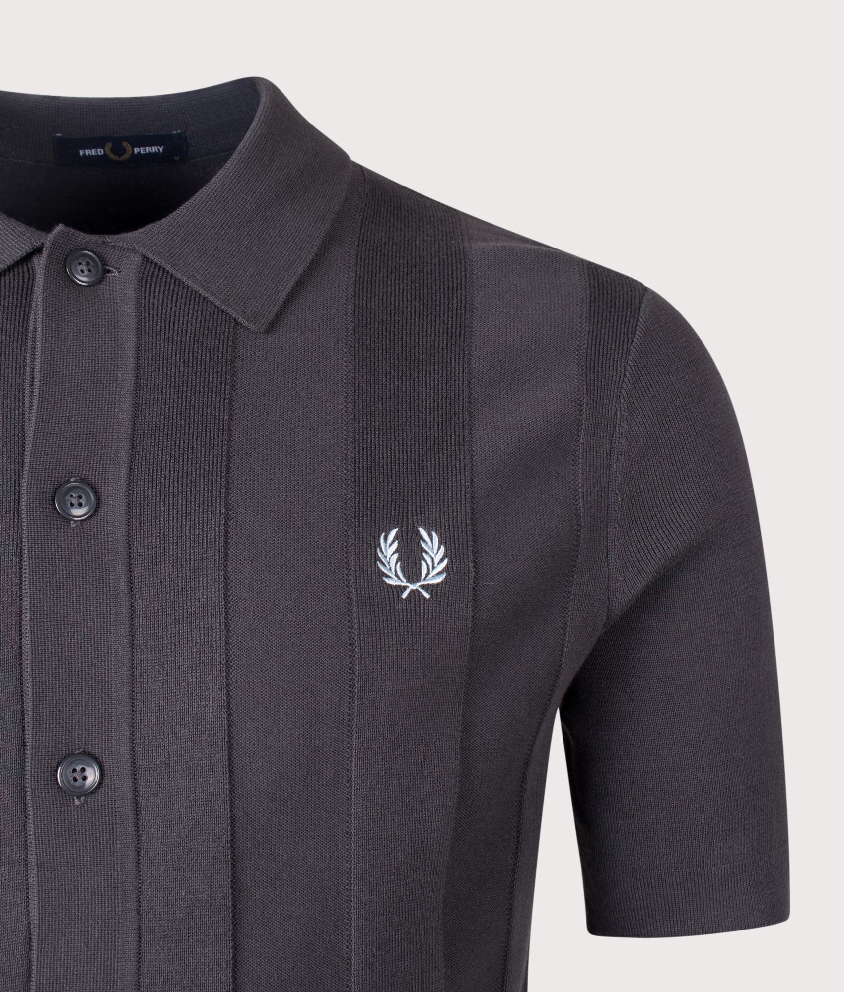 Fred Perry Tonal Vertical Stripe Knitted Shirt in Anchor Grey at EQVVS Menswear. Detail shot.