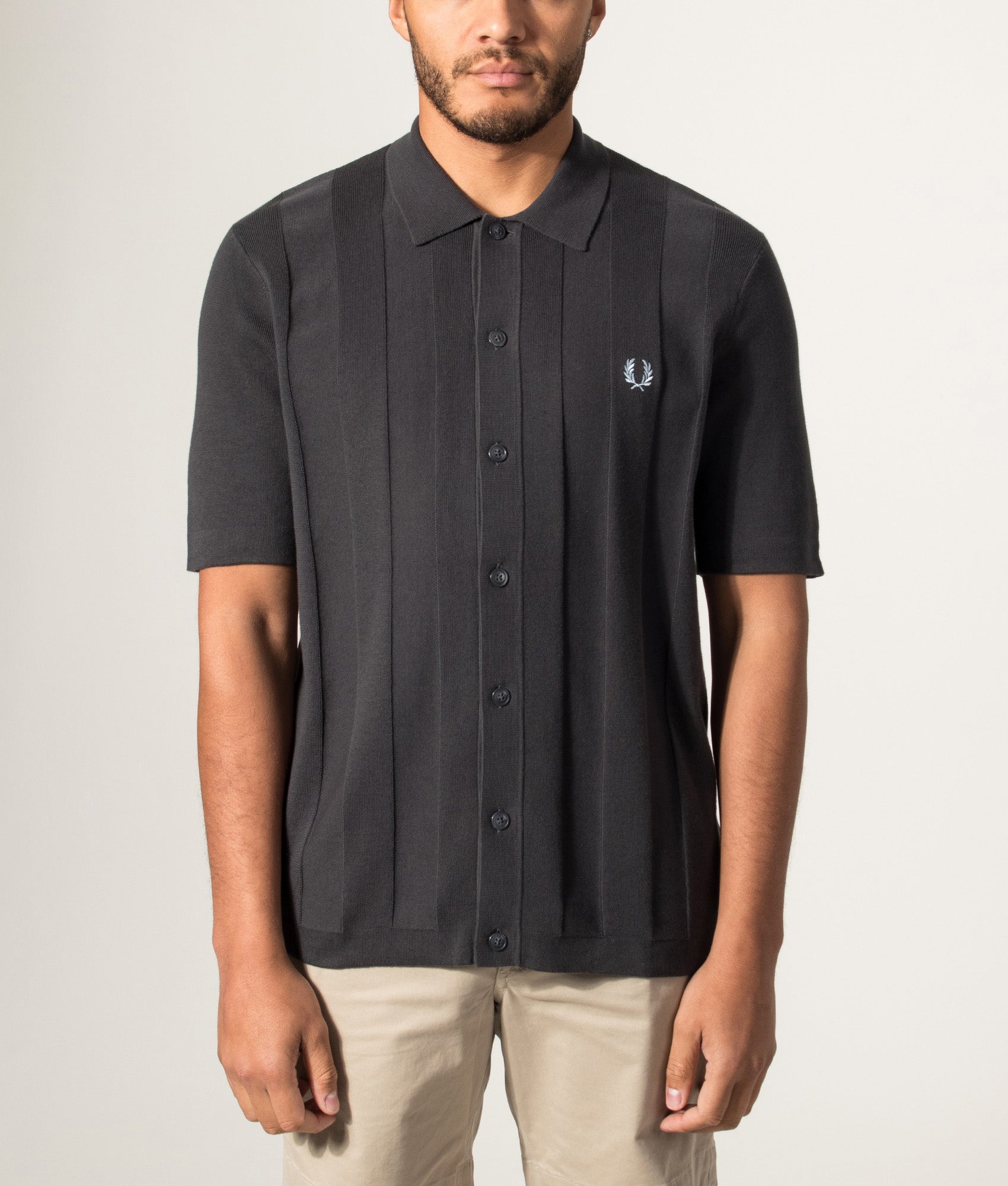 Fred Perry Tonal Vertical Stripe Knitted Shirt in Anchor Grey at EQVVS Menswear. Model front shot.