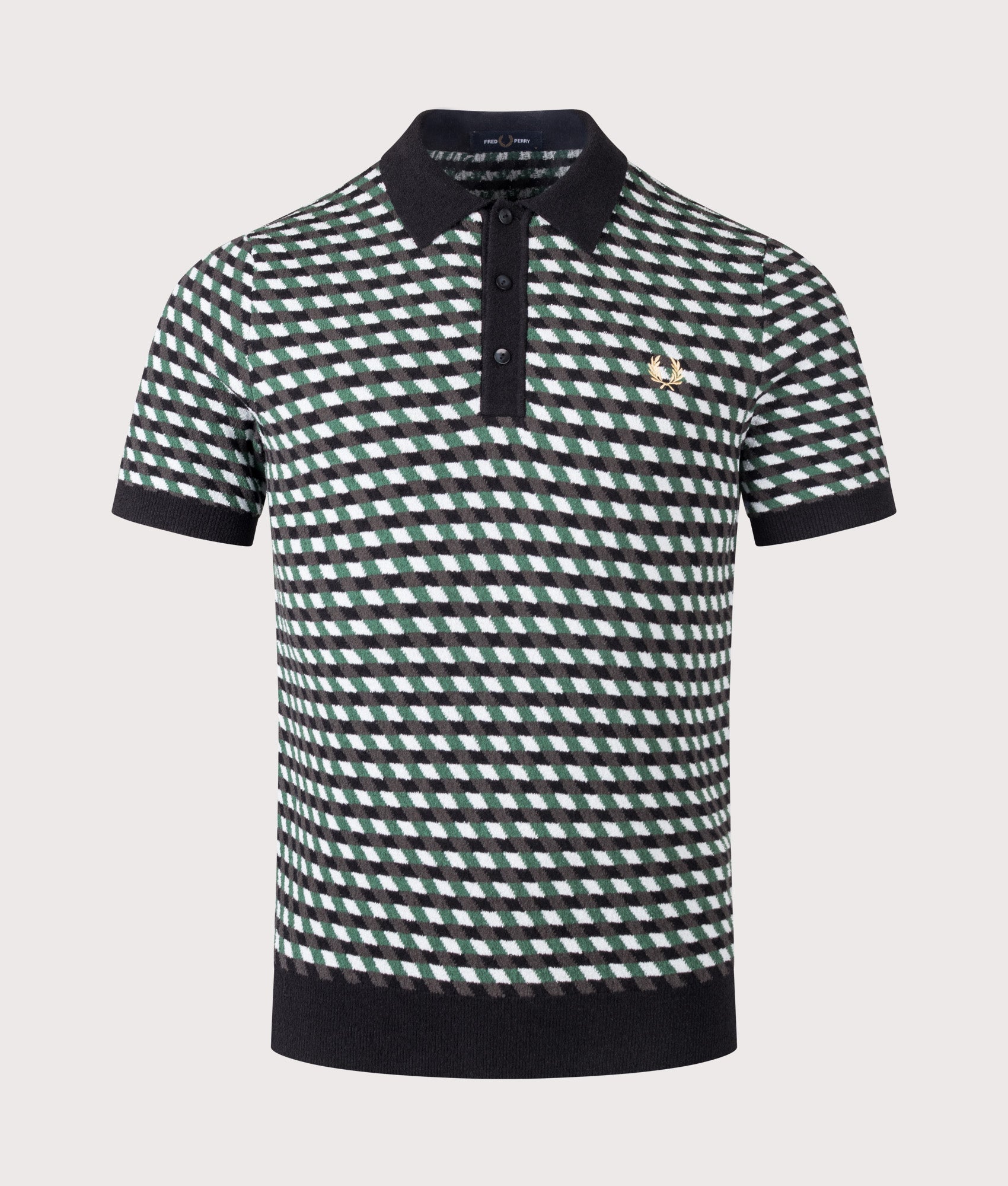 Fred Perry Geometric Knitted Polo Shirt in Light ice at EQVVS Menswear. Front shot.