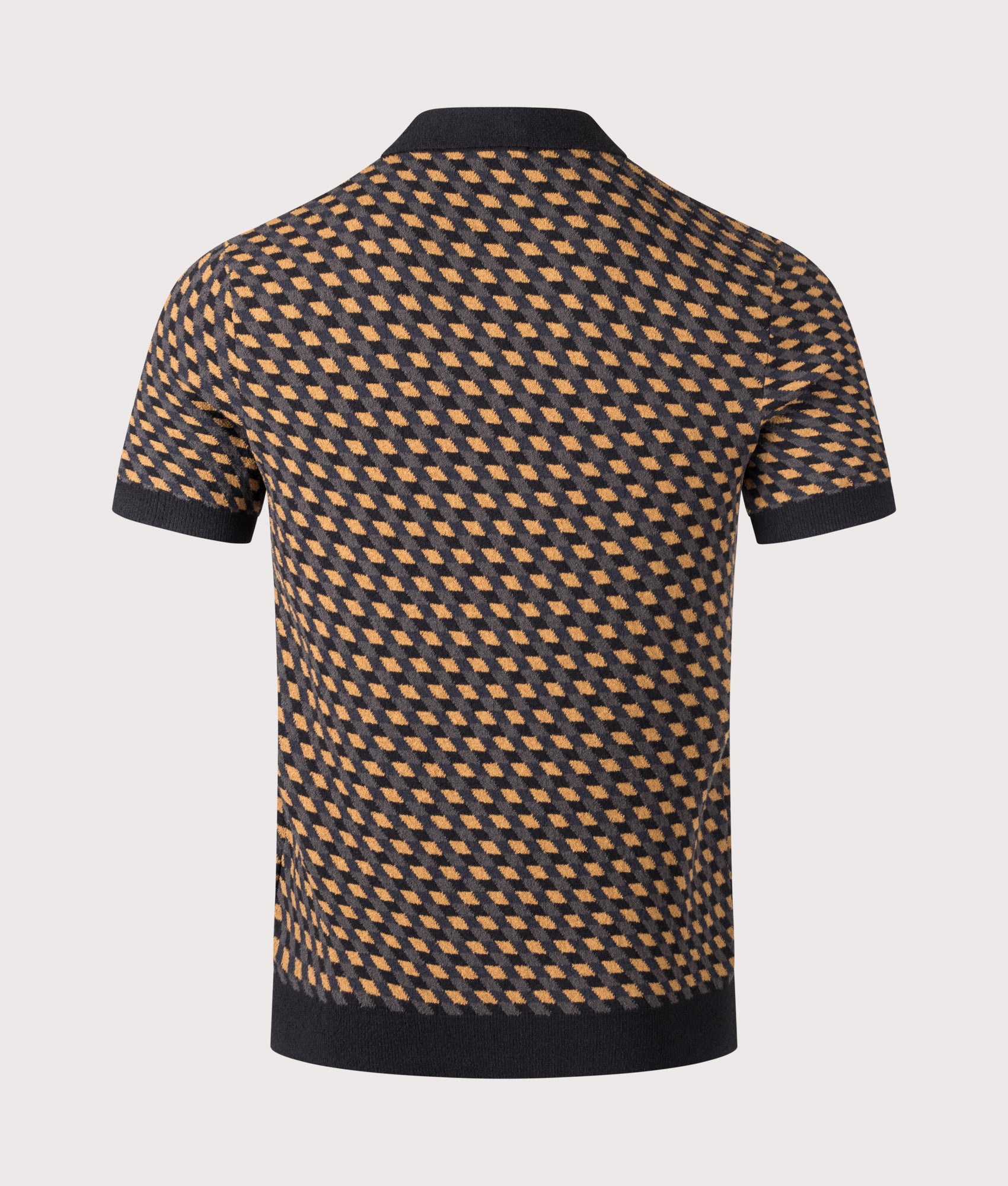 Fred Perry Geometric Knitted Polo Shirt in Dark Caramel at EQVVS Menswear. Back shot.