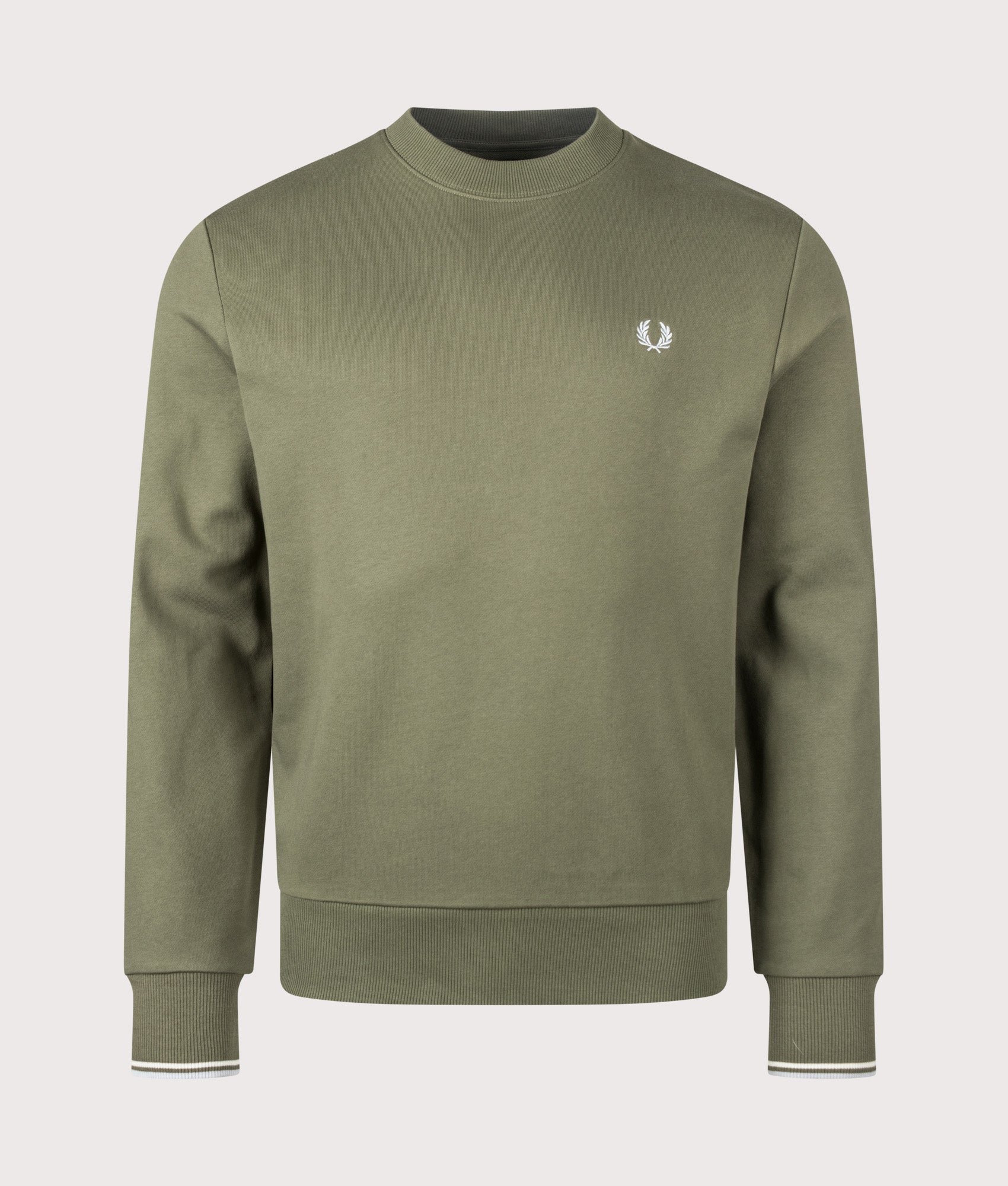 Fred Perry Crew Neck Sweatshirt in Laurel Wreath Green, Ecru and Dusky Blue at EQVVS Menswear. Front shot.