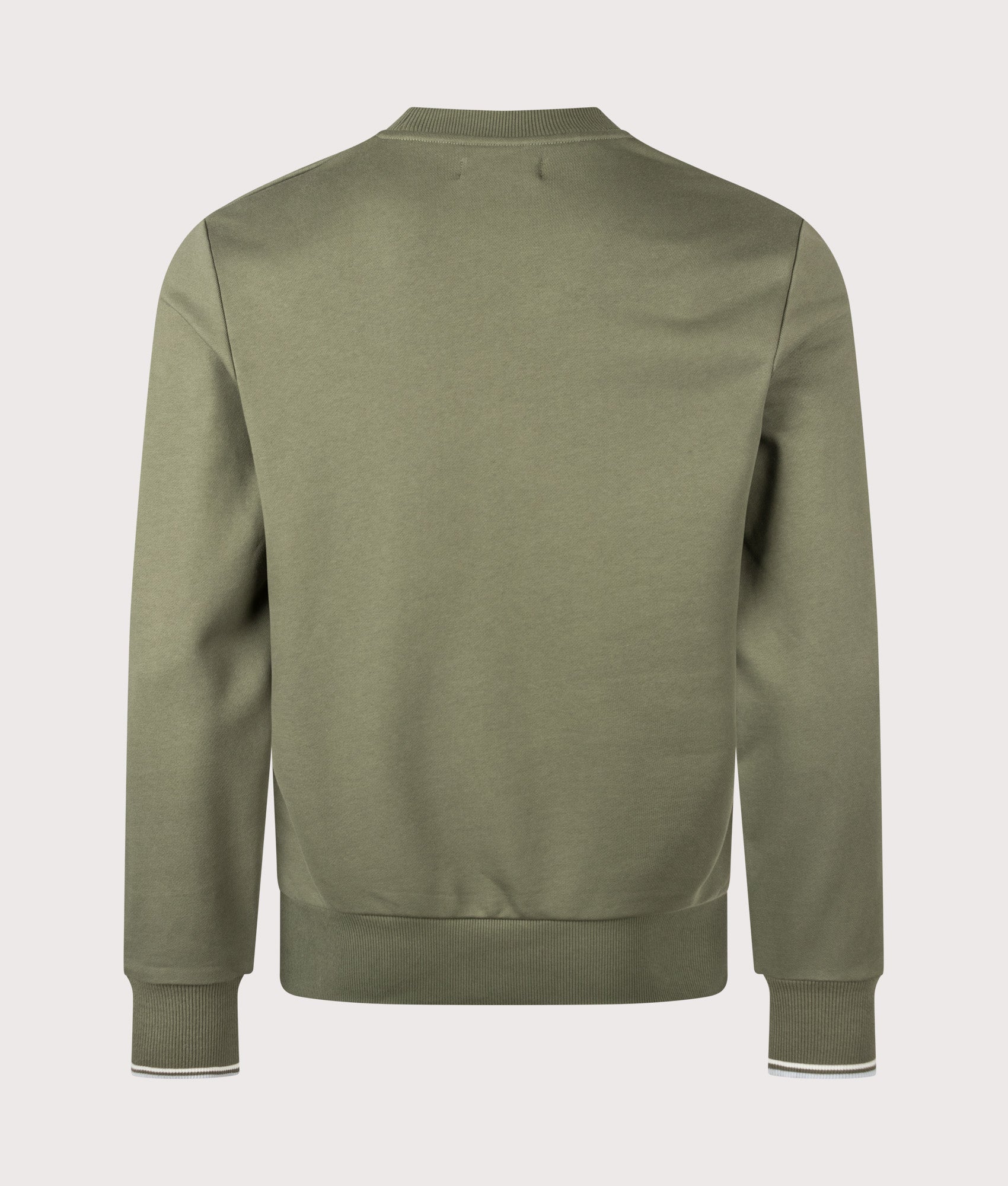 Fred Perry Crew Neck Sweatshirt in Laurel Wreath Green, Ecru and Dusky Blue at EQVVS Menswear. Back shot.