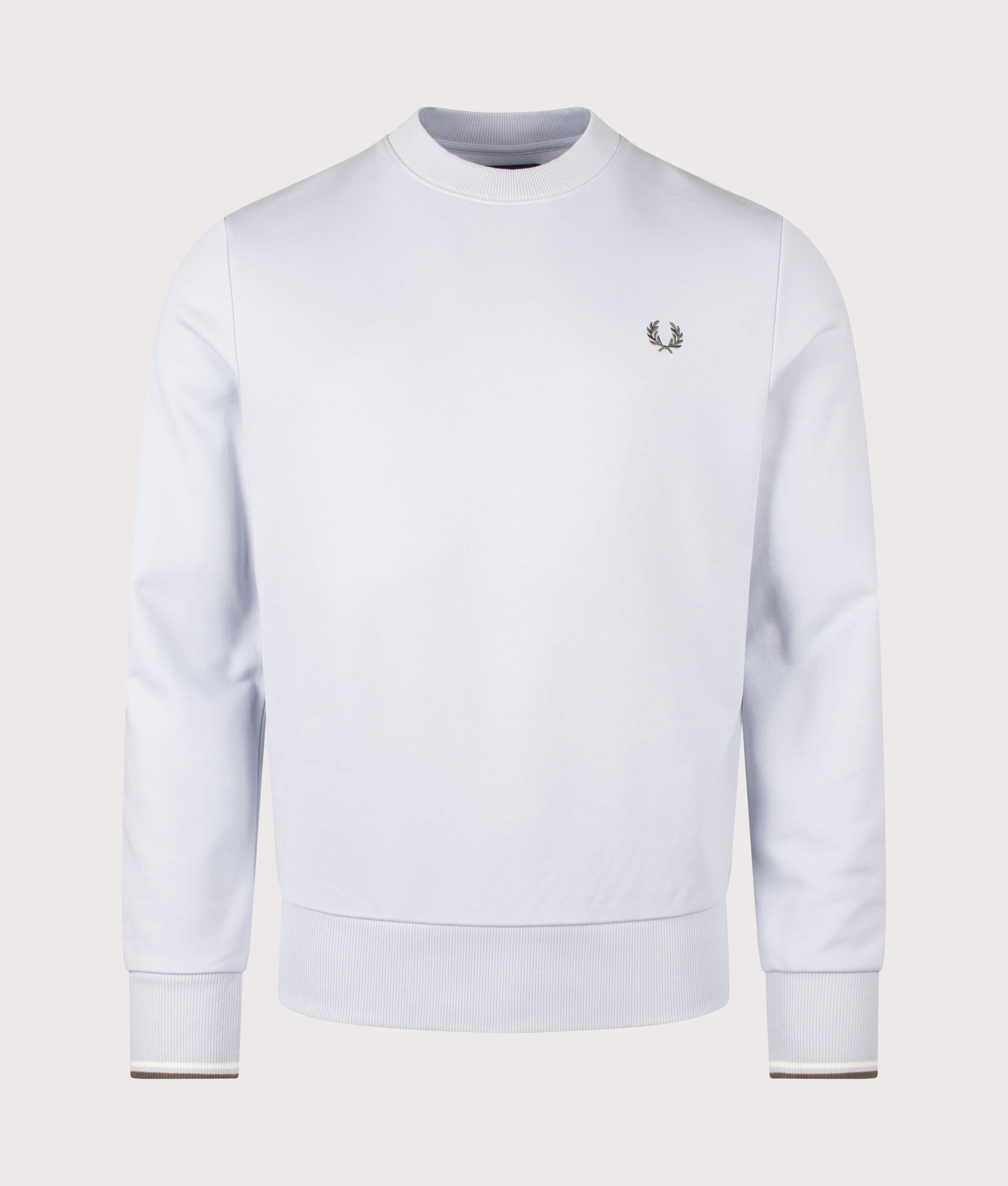 Fred Perry Crew Neck Sweatshirt in Dusky Blue, Ecru and Laurel Wreath Green at EQVVS Menswear. Front shot.