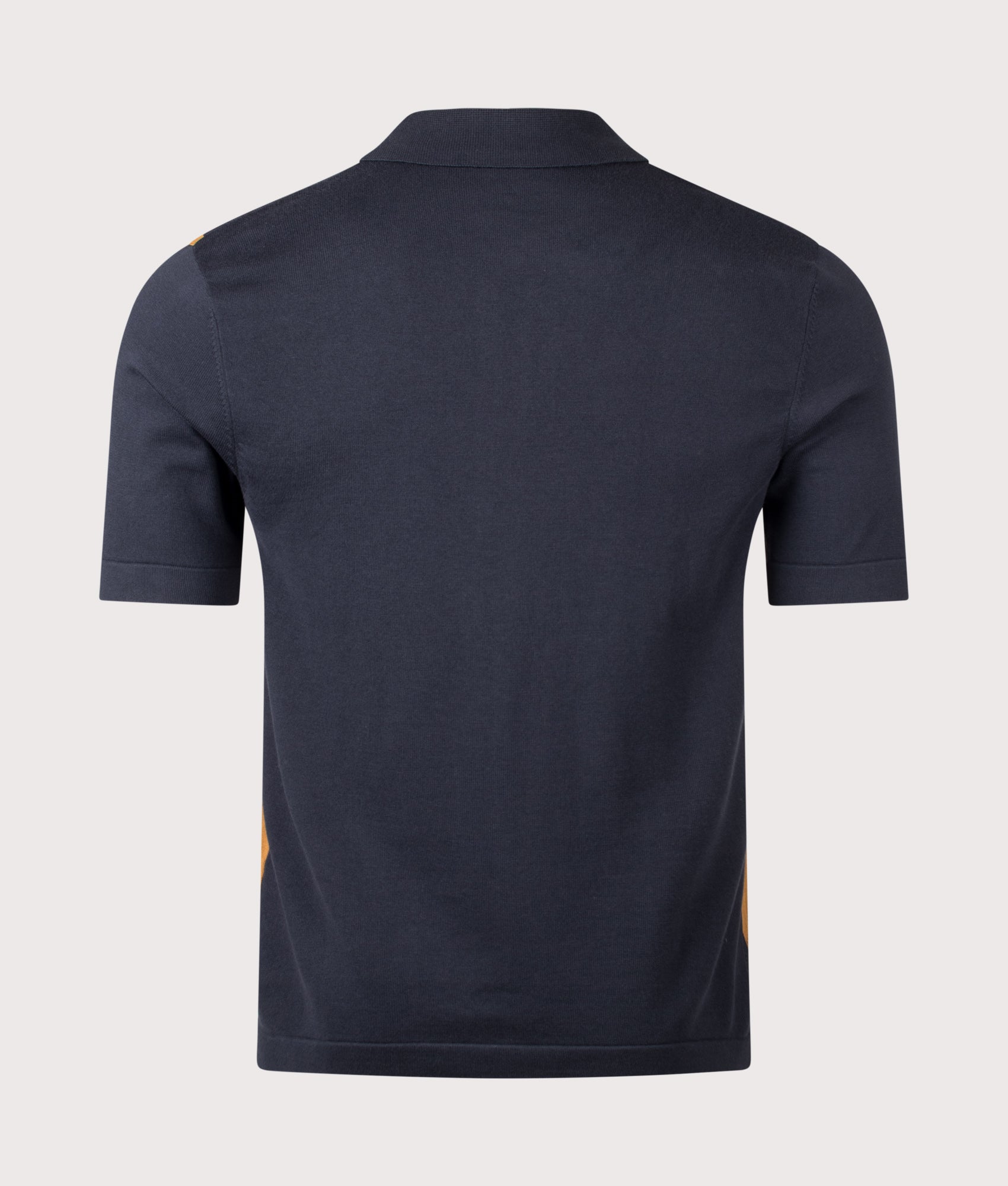 Fred Perry Argyle Button Through Knitted Shirt in Navy at EQVVS Menswear. Back shot.