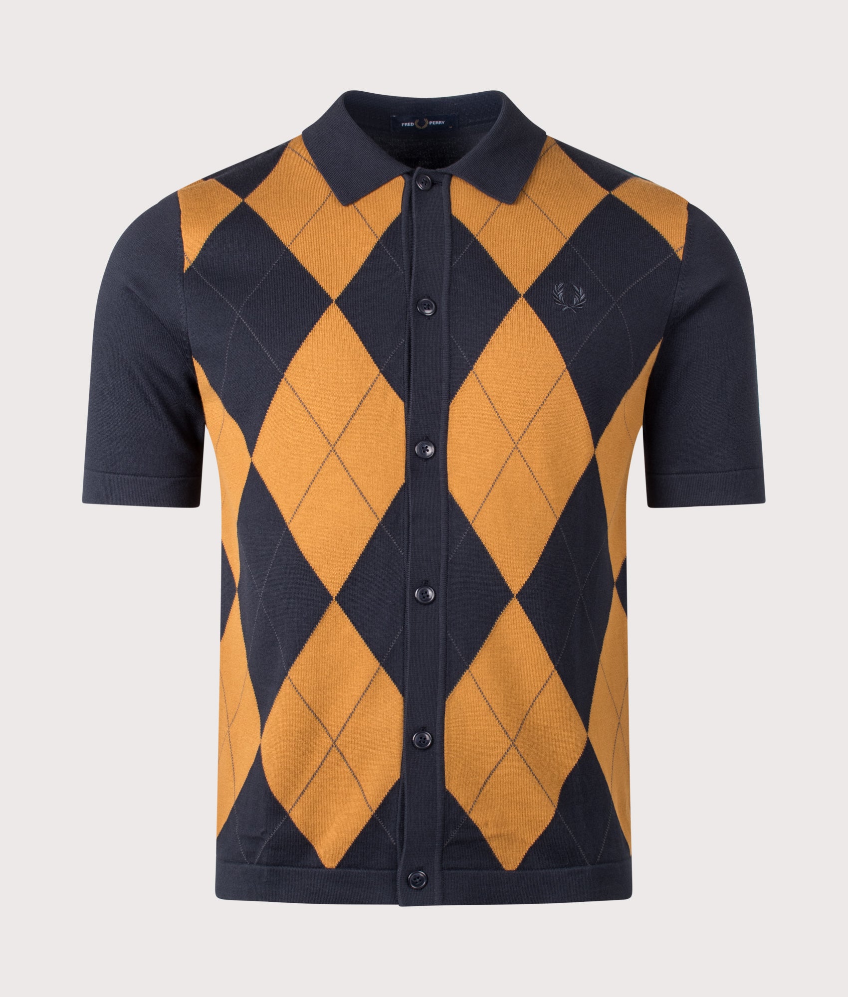 Fred Perry Argyle Button Through Knitted Shirt in Navy at EQVVS Menswear. Front shot.