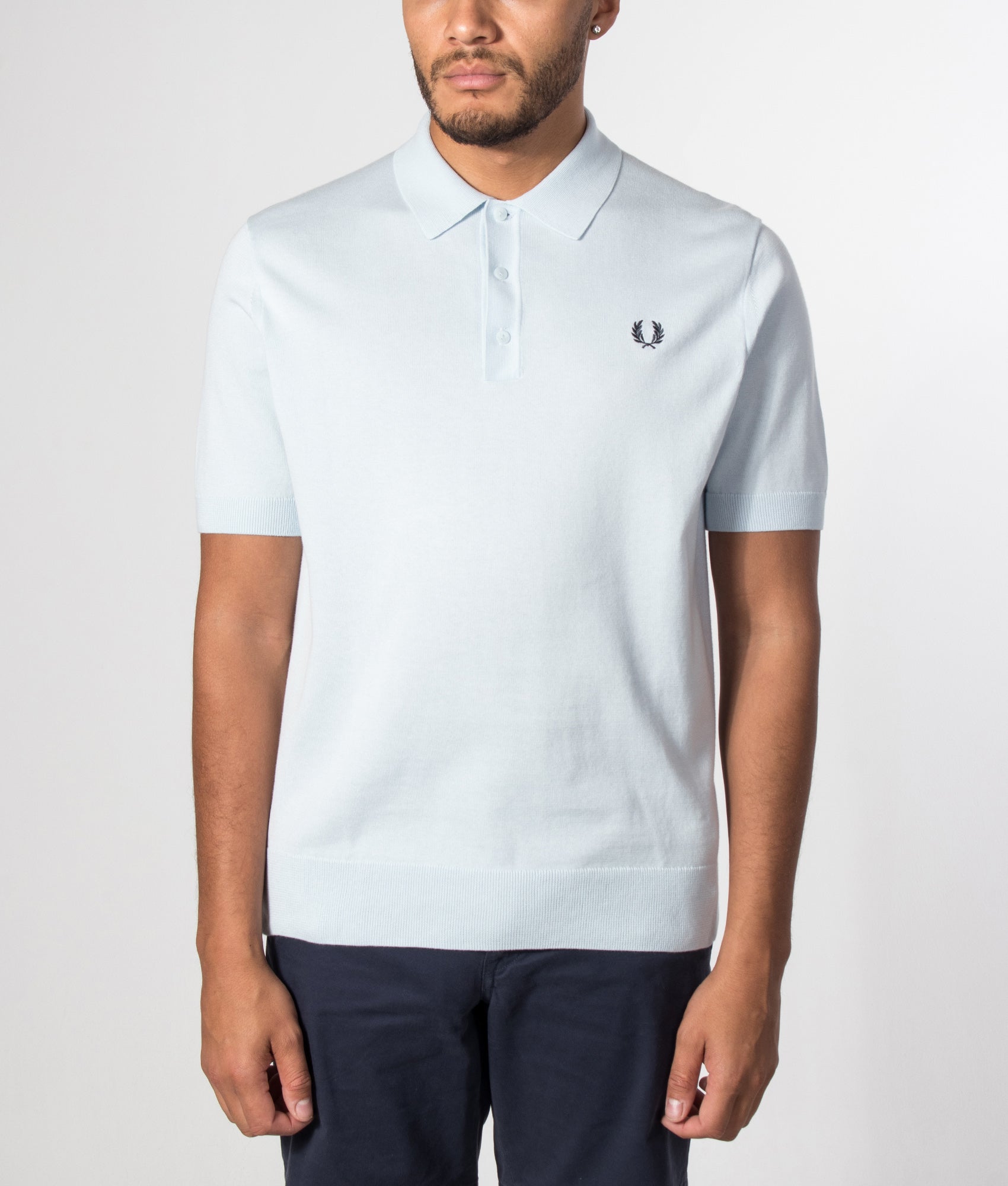 Fred Perry Long Staple Cotton Knitted Polo Shirt in Light Ice at EQVVS Menswear. Model front shot.