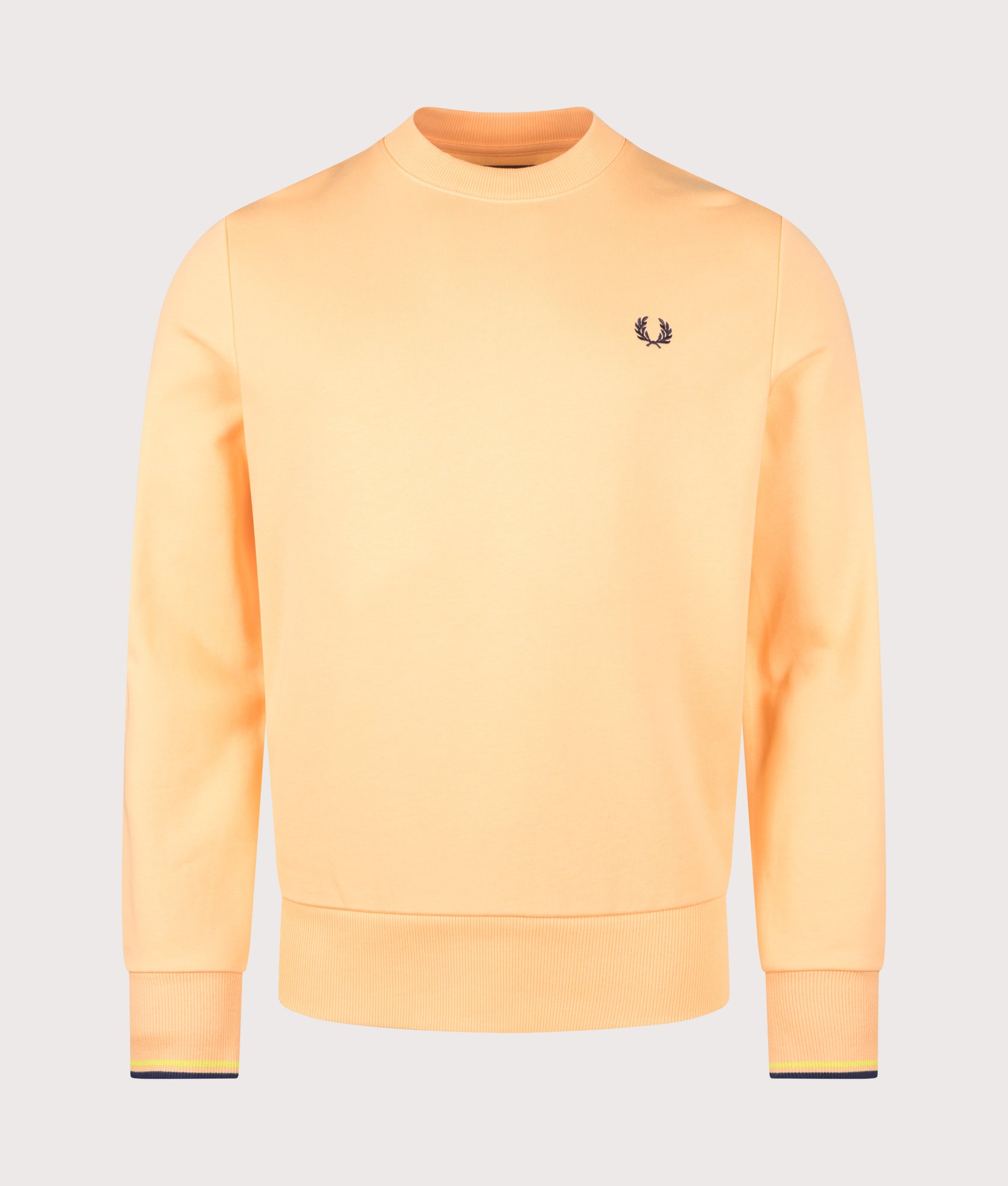 Fred Perry Crew Neck Sweatshirt in Peach, Citron and French Navy at EQVVS Menswear. Front shot.