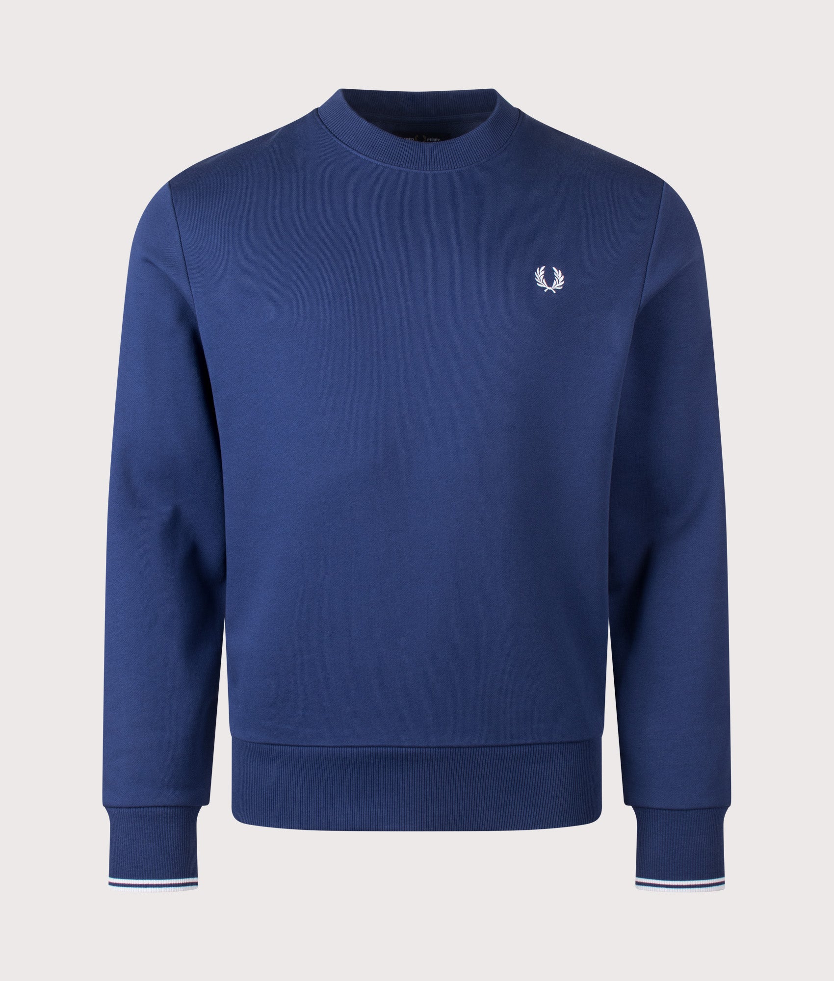 Fred Perry Crew Neck Sweatshirt in French Navy and Dusky Blue at EQVVS Menswear. Front shot.