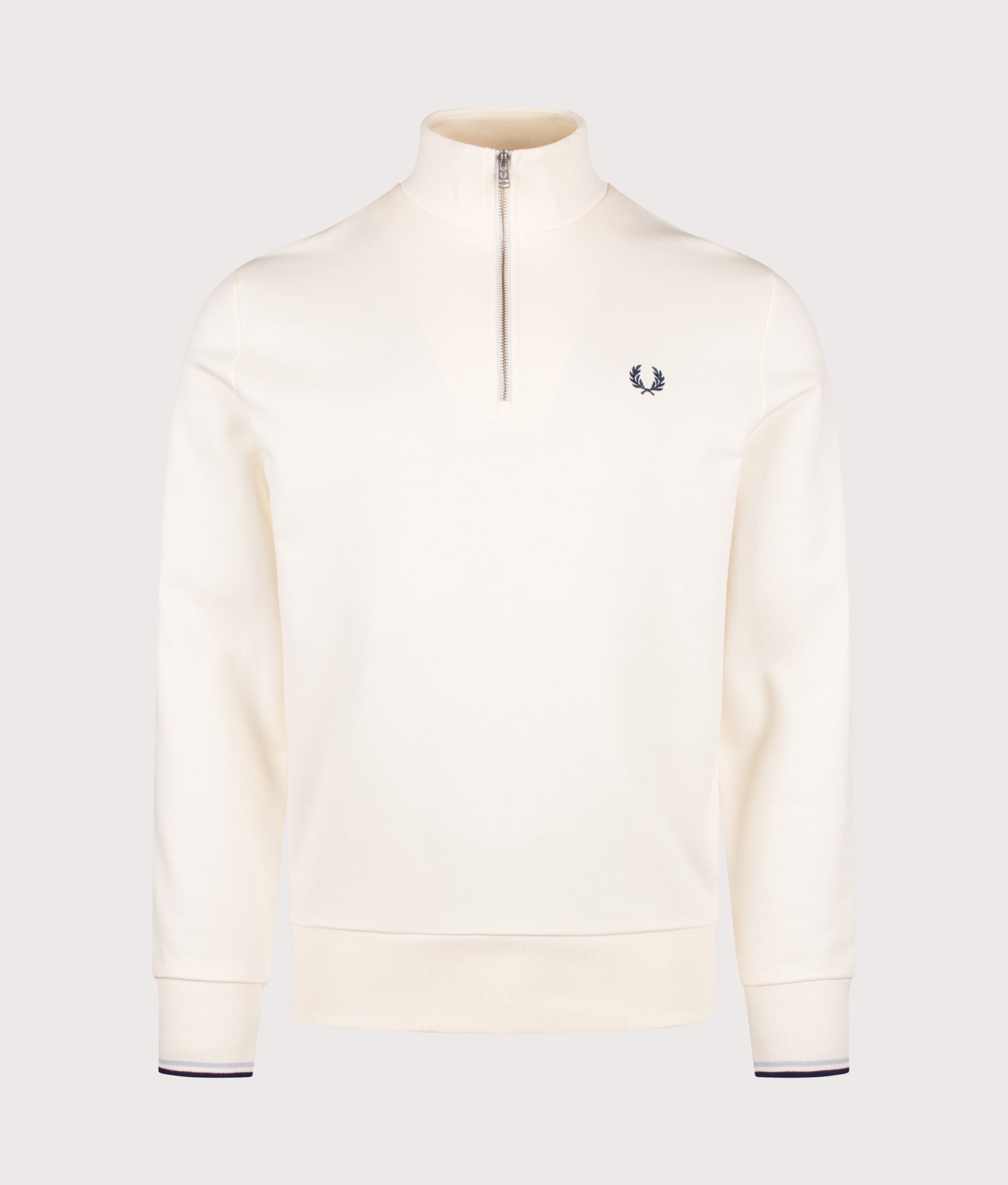 Fred Perry Quarter Zip Sweatshirt in Ecru, Dusky Blue and French Navy at EQVVS Menswear. Front shot.