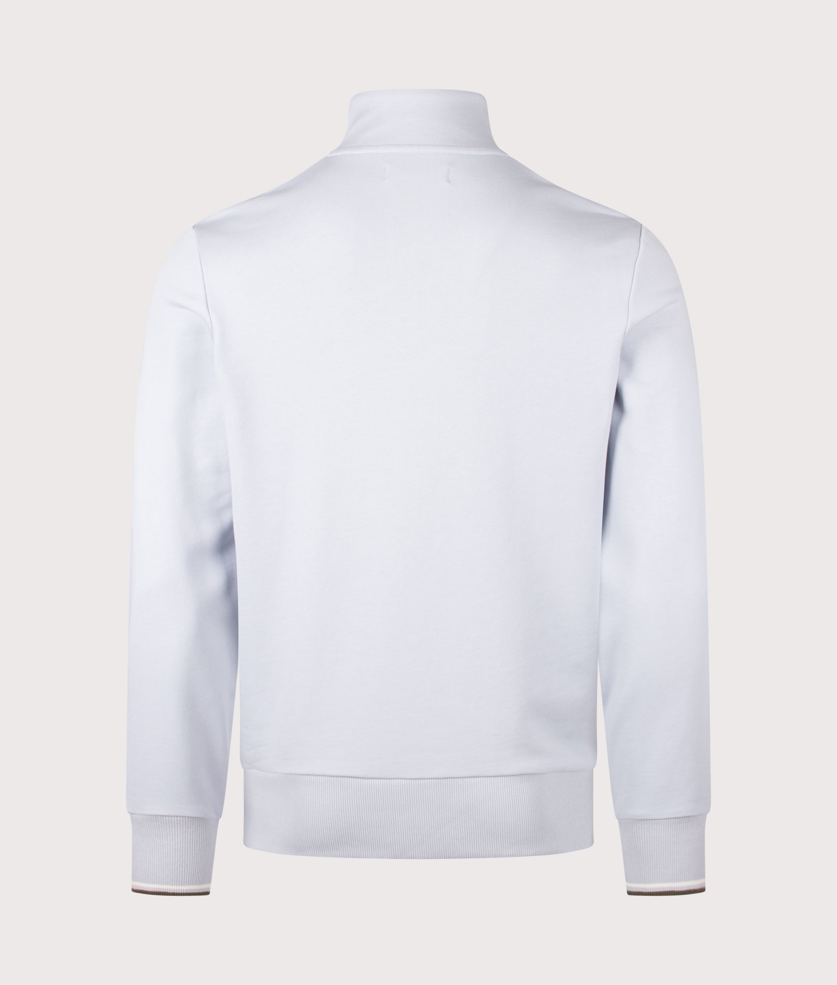 Fred Perry Quarter Zip Sweatshirt in Dusky Blue, Ecru and Laurel Wreath Green at EQVVS Menswear. Back shot.