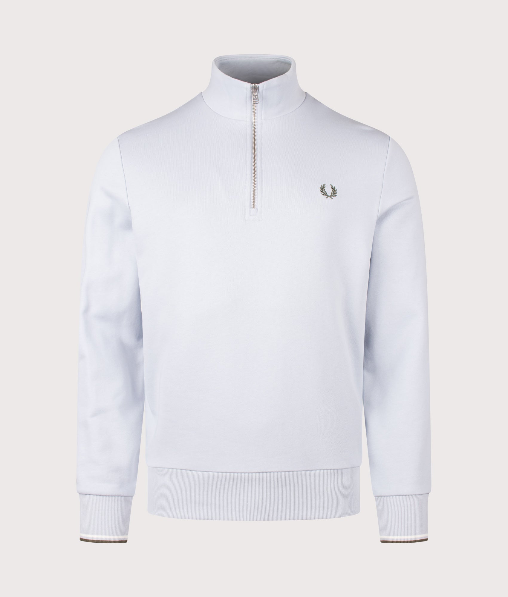 Fred Perry Quarter Zip Sweatshirt in Dusky Blue, Ecru and Laurel Wreath Green at EQVVS Menswear. Front shot.