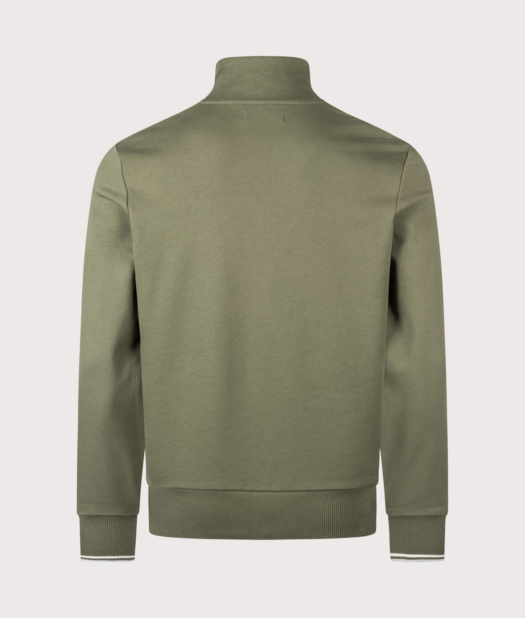 Fred Perry Quarter Zip Sweatshirt in Laurel Wreath Green, Ecru and Dusky Blue at EQVVS Menswear. Back shot.