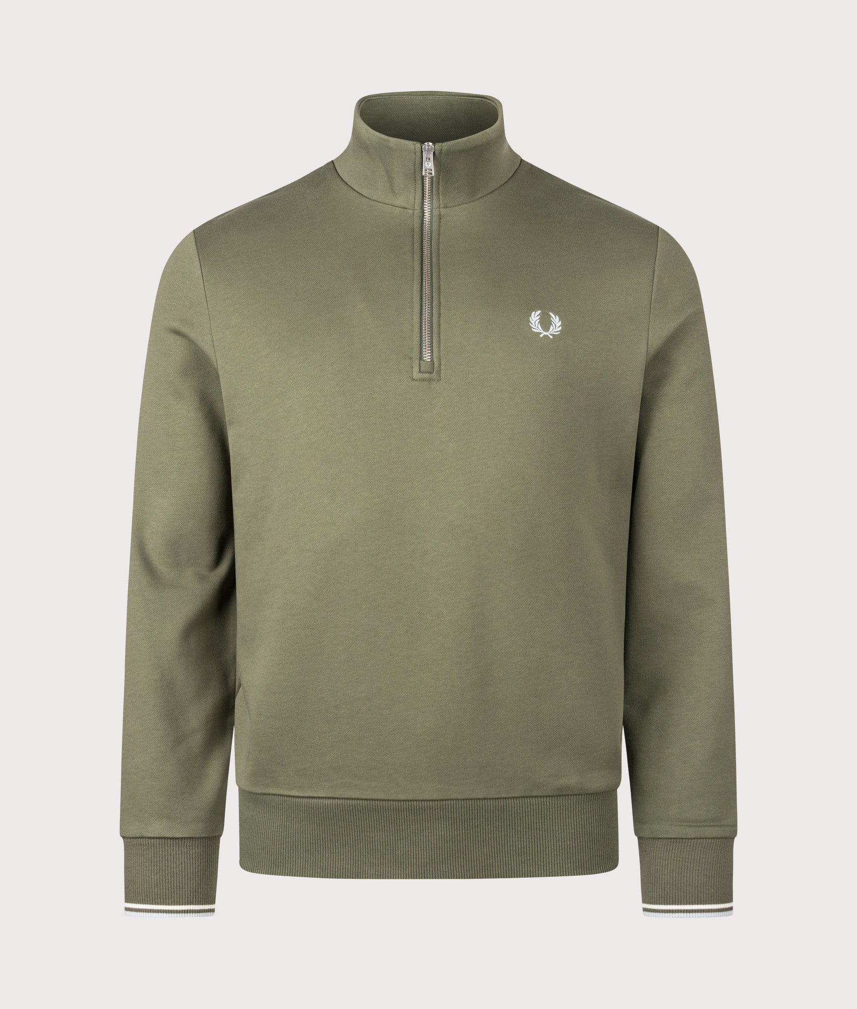 Fred Perry Quarter Zip Sweatshirt in Laurel Wreath Green, Ecru and Dusky Blue at EQVVS Menswear. Front shot.