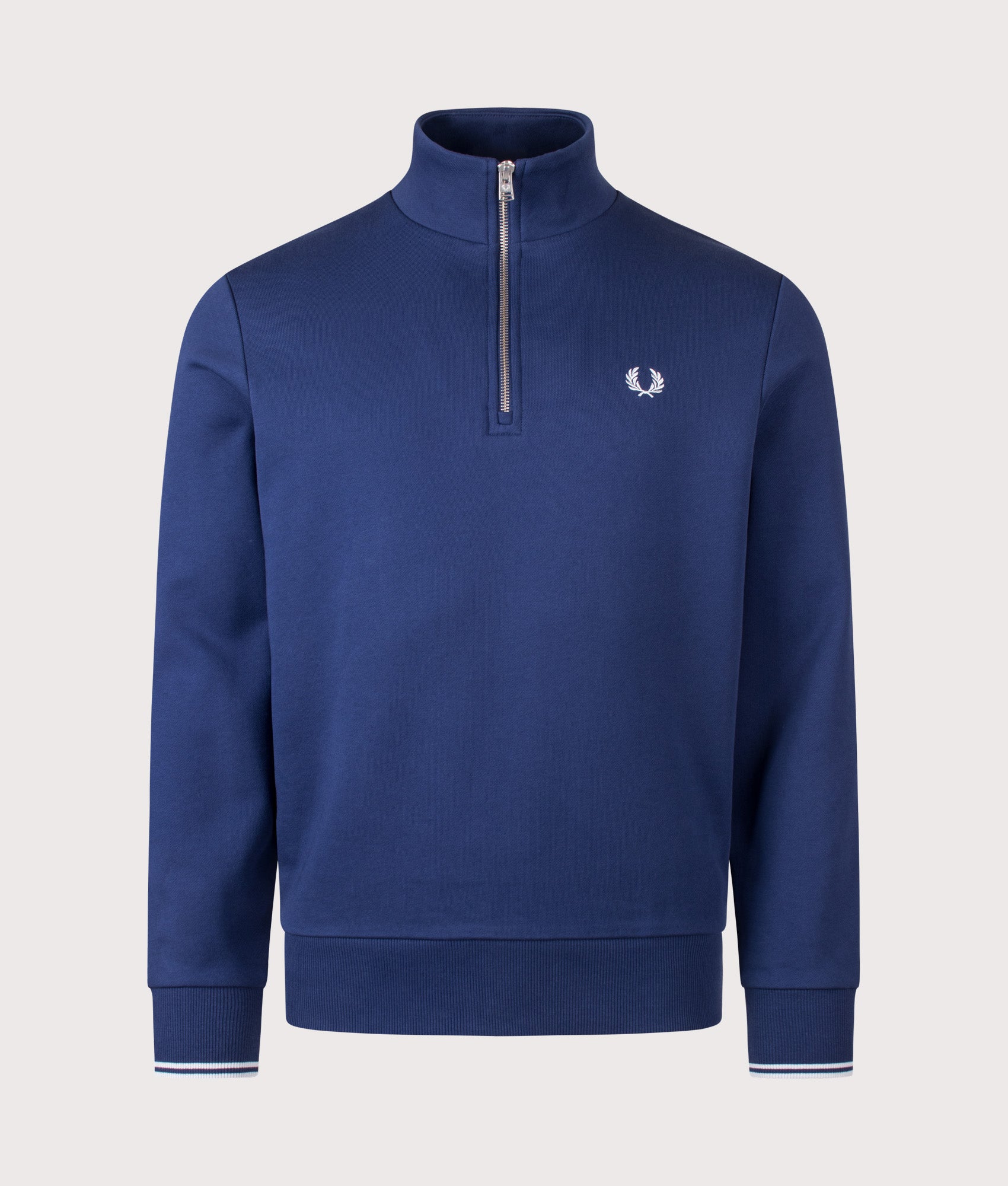 Fred Perry Quarter Zip Sweatshirt in French Navy and Dusky Blue at EQVVS Menswear. Front shot.