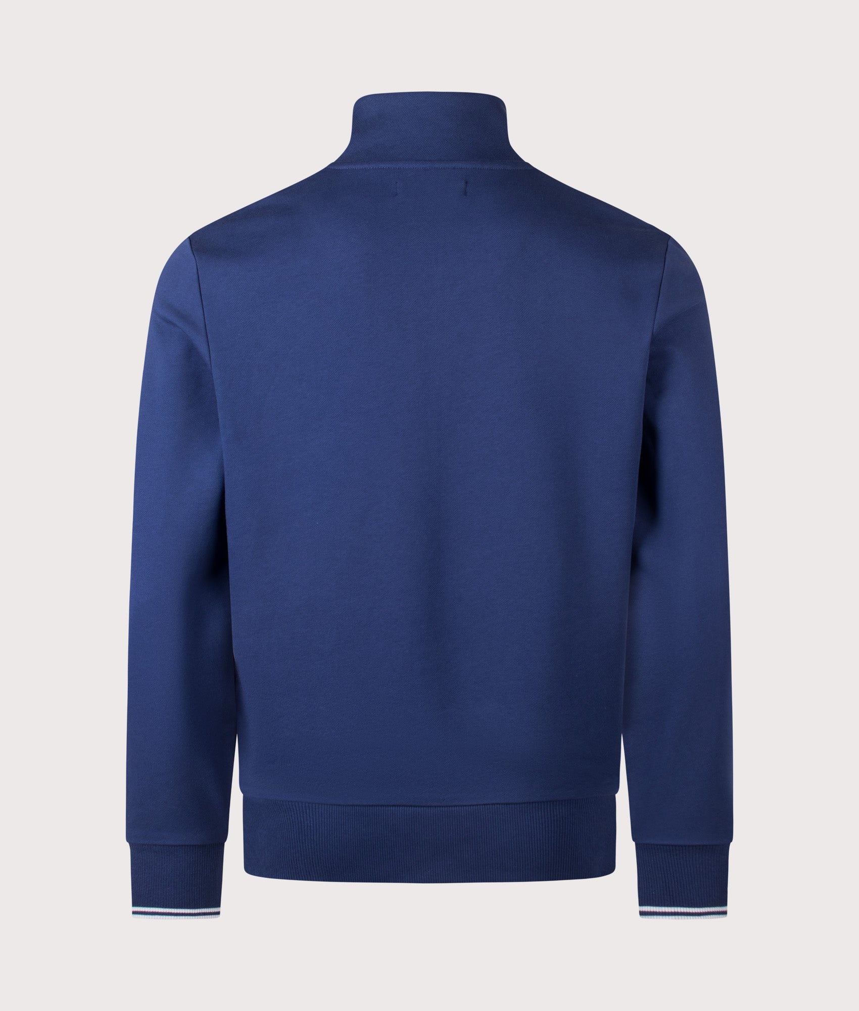 Fred Perry Quarter Zip Sweatshirt in French Navy and Dusky Blue at EQVVS Menswear. Back shot.