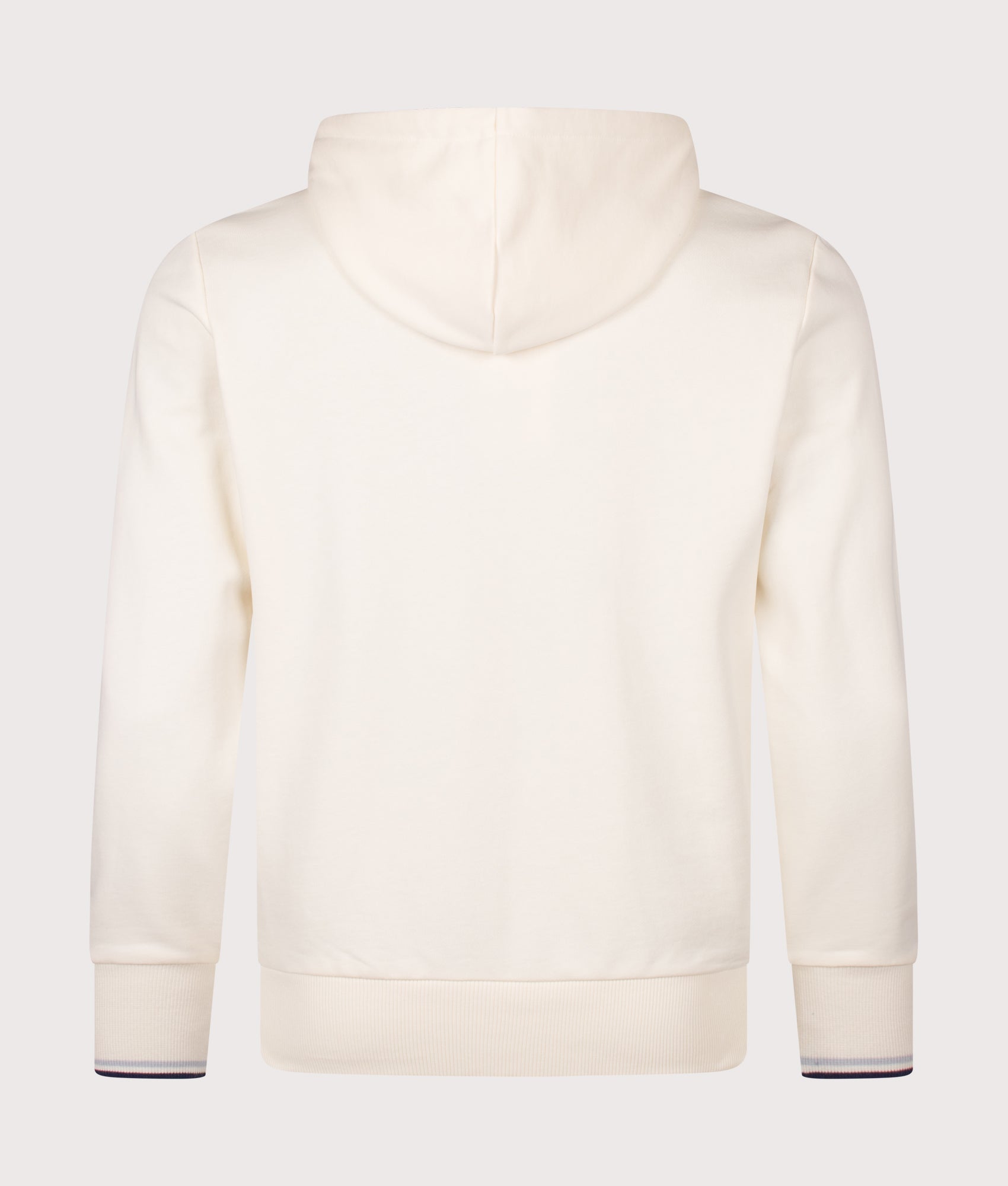 Fred Perry Zip Through Hoodie in Ecru, Dusky Blue and French Navy at EQVVS Menswear. Back shot.