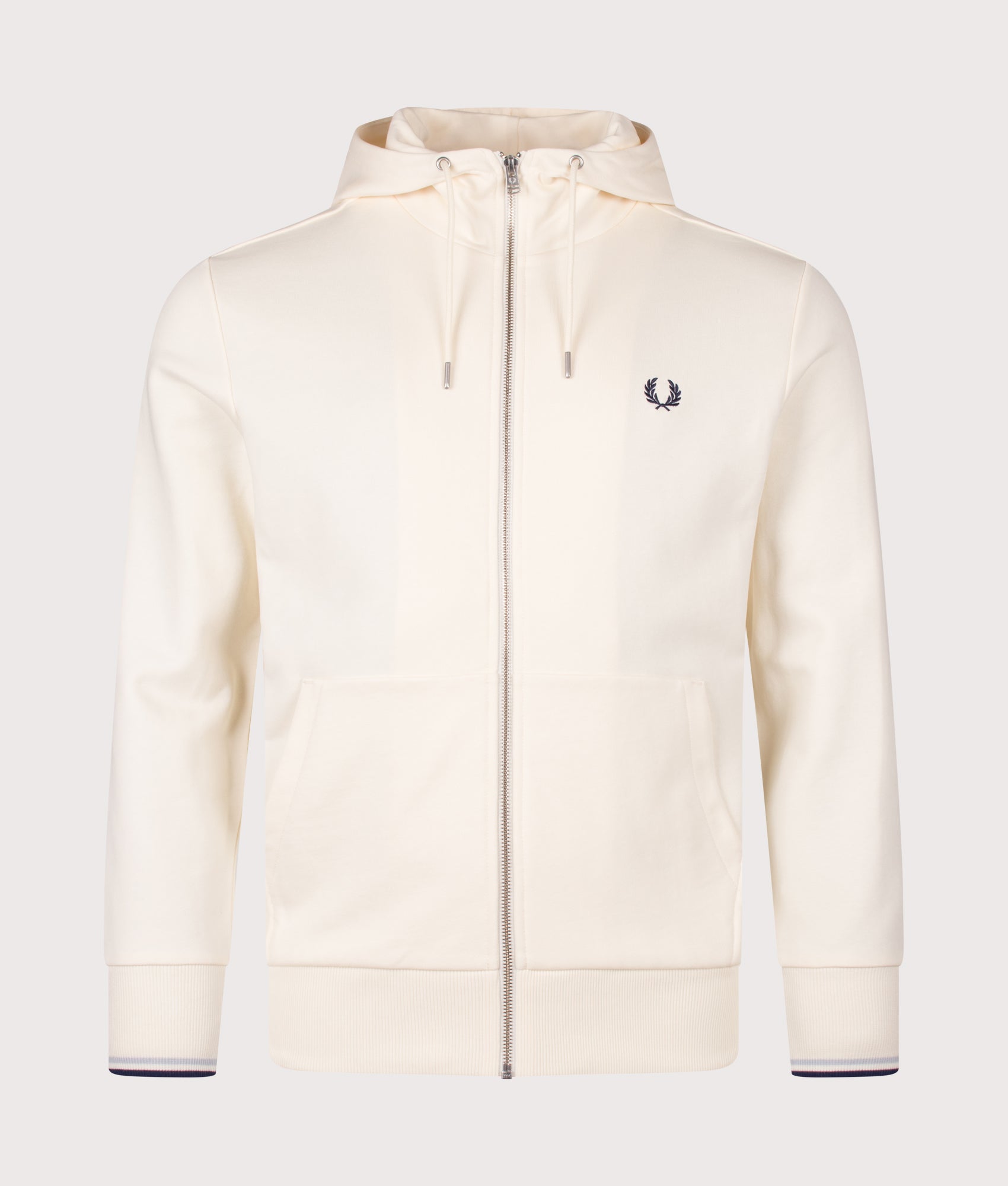 Fred Perry Zip Through Hoodie in Ecru, Dusky Blue and French Navy at EQVVS Menswear. Front shot.