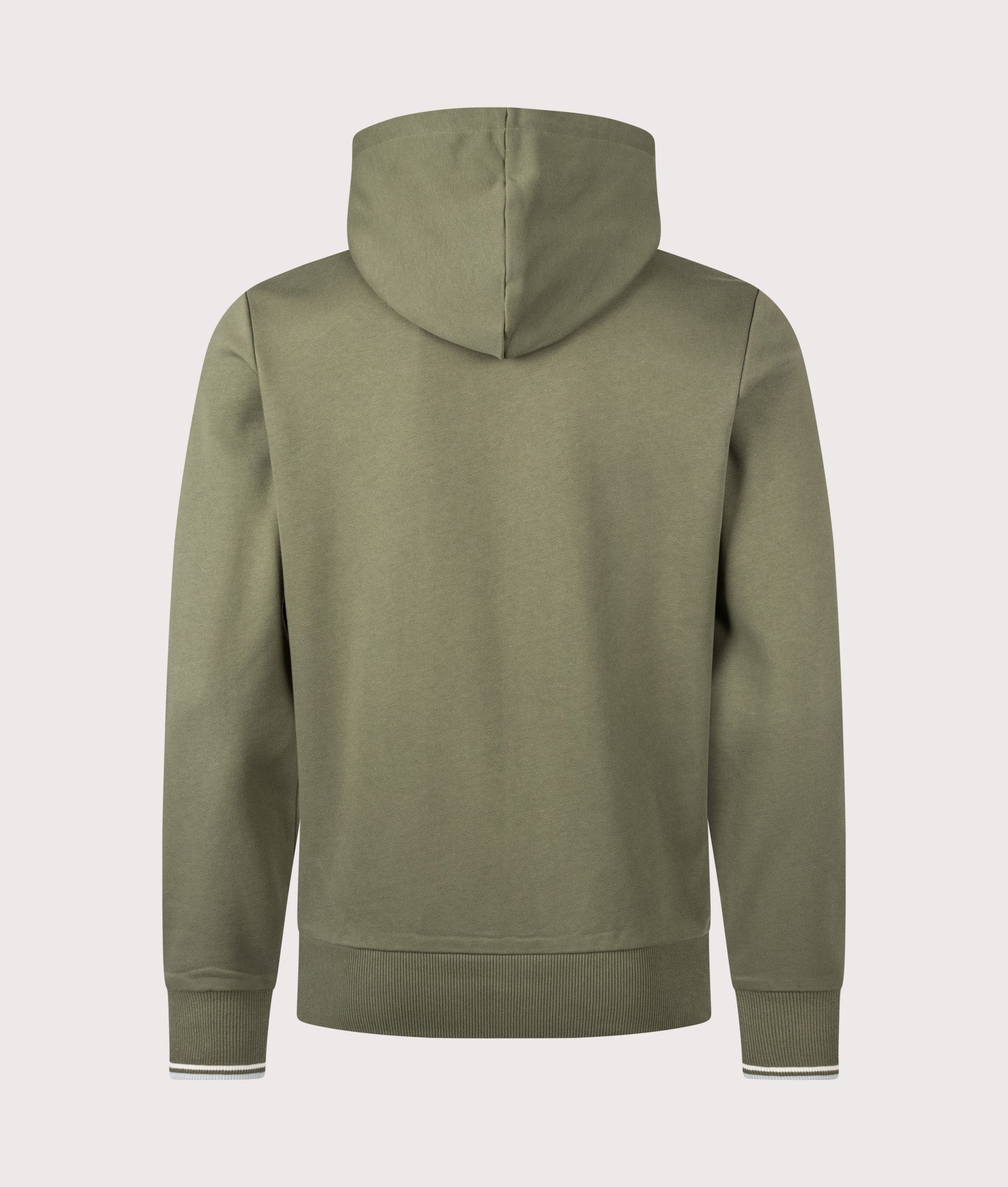 Fred Perry Zip Through Hoodie in Laurel Wreath Green, Ecru and Dusky Blue at EQVVS Menswear. Back shot.