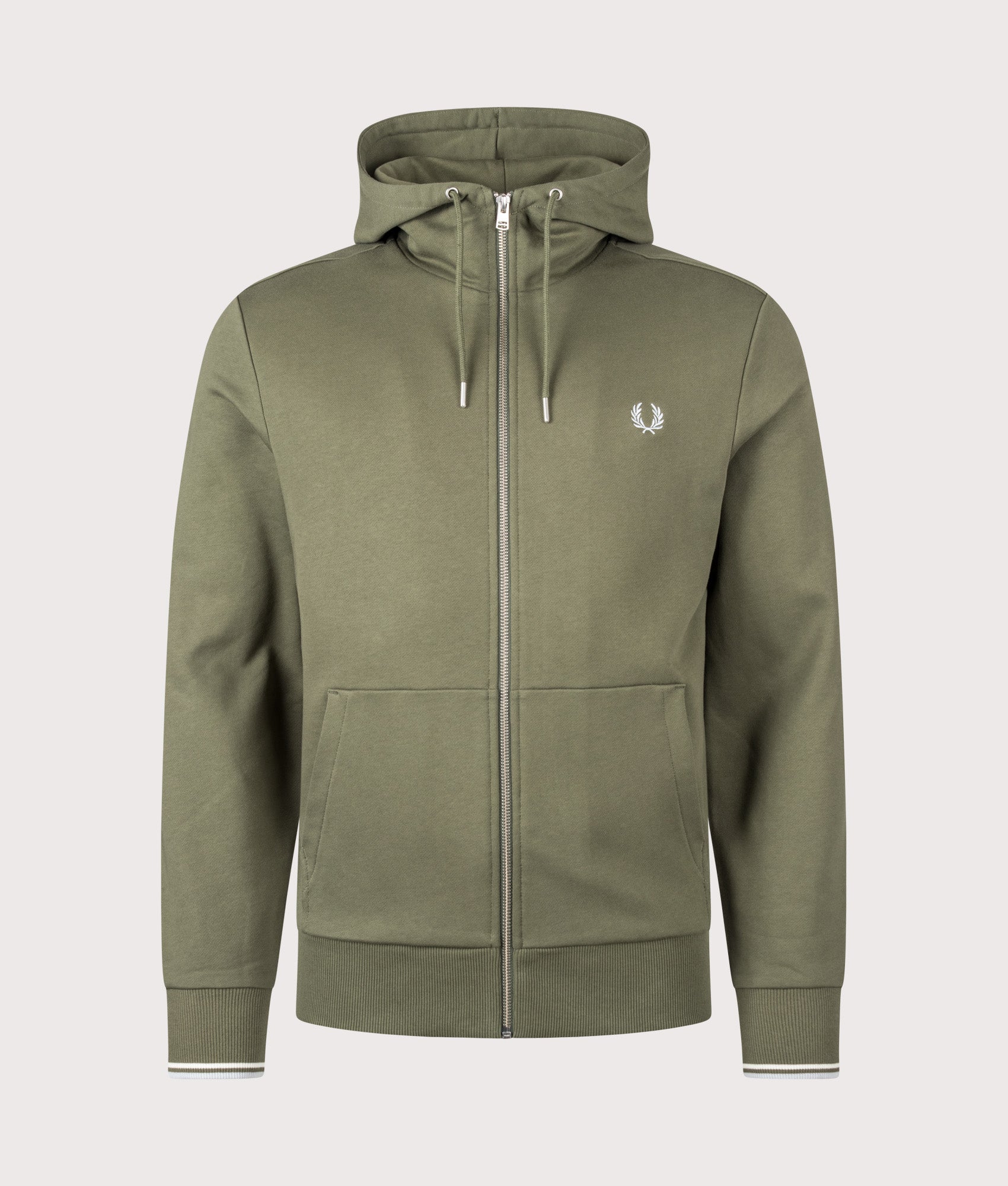 Fred Perry Zip Through Hoodie in Laurel Wreath Green, Ecru and Dusky Blue at EQVVS Menswear. Front shot.