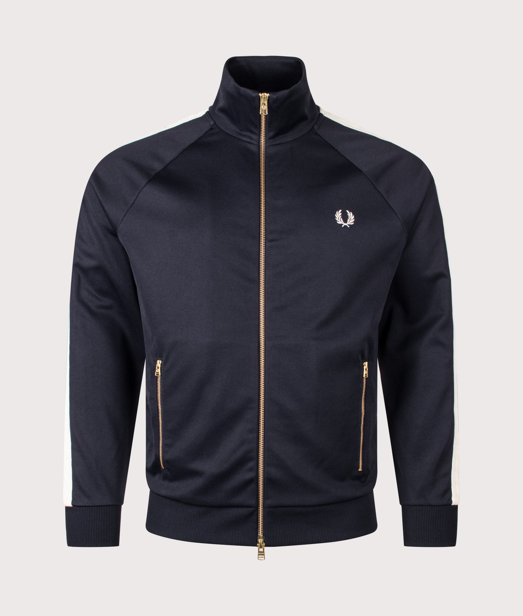 Fred Perry Cable Taped Track Jacket in Navy at EQVVS Menswear. Front shot.