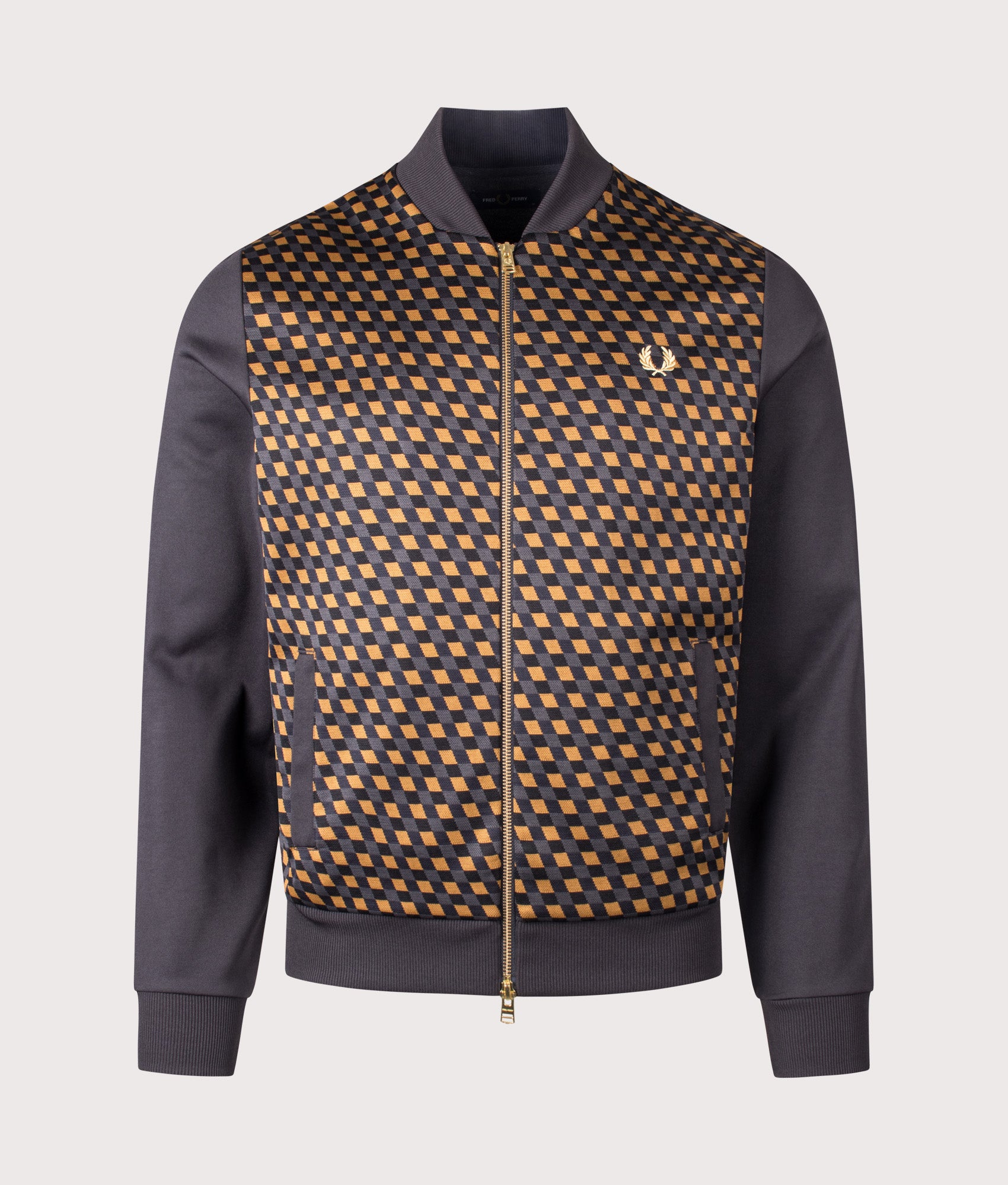 Fred Perry Geometric Track Jacket in Anchor Grey at EQVVS Menswear. Front shot.