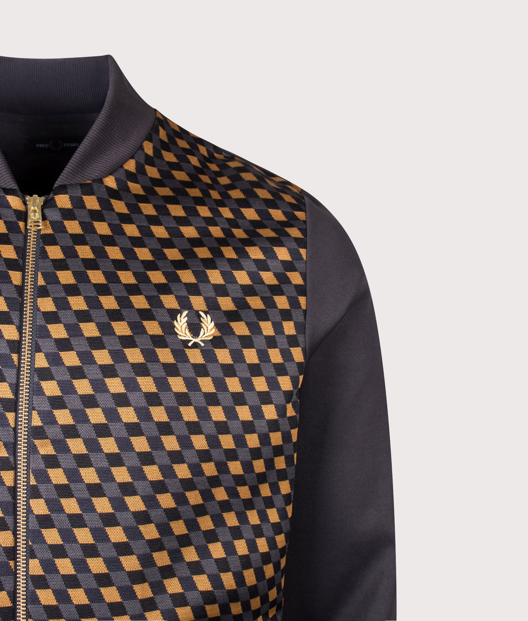 Fred Perry Geometric Track Jacket in Anchor Grey at EQVVS Menswear. Detail shot.