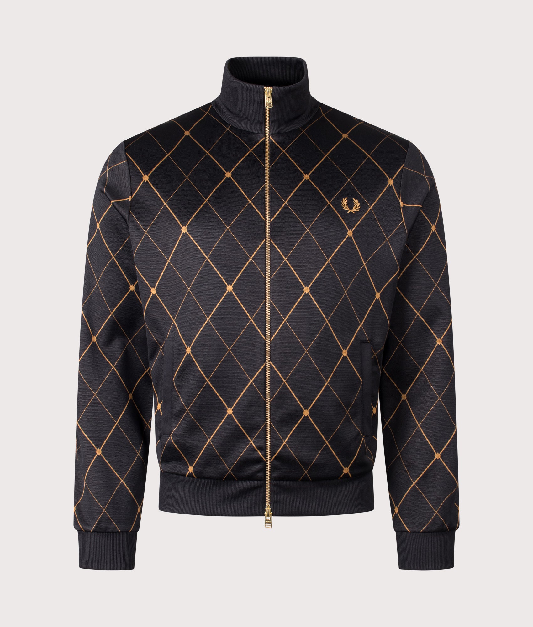 Fred Perry Argyle Track Jacket in Black at EQVVS Menswear. Front shot.