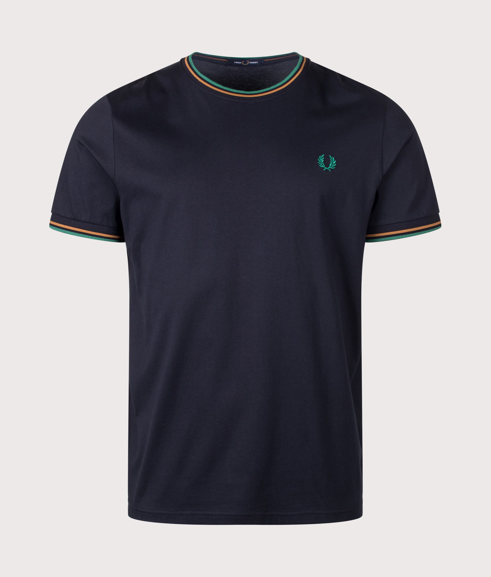 Fred Perry Regular Fit Twin Tipped T-Shirt in Navy, Dark Caramel and Sport Green at EQVVS Menswear. Front shot.