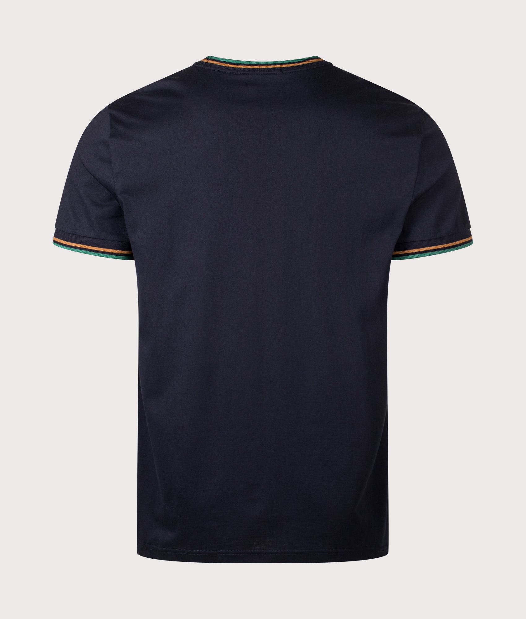 Fred Perry Regular Fit Twin Tipped T-Shirt in Navy, Dark Caramel and Sport Green at EQVVS Menswear. Back shot.
