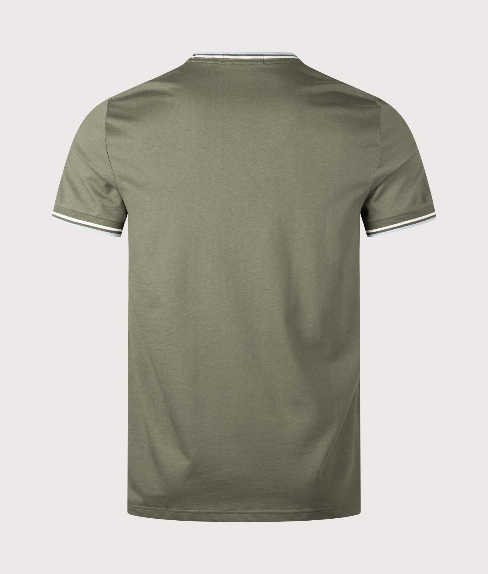 Fred Perry Twin Tipped T-Shirt in Laurel Wreath Green, Ecru and Dusky Blue at EQVVS Menswear. Back shot.