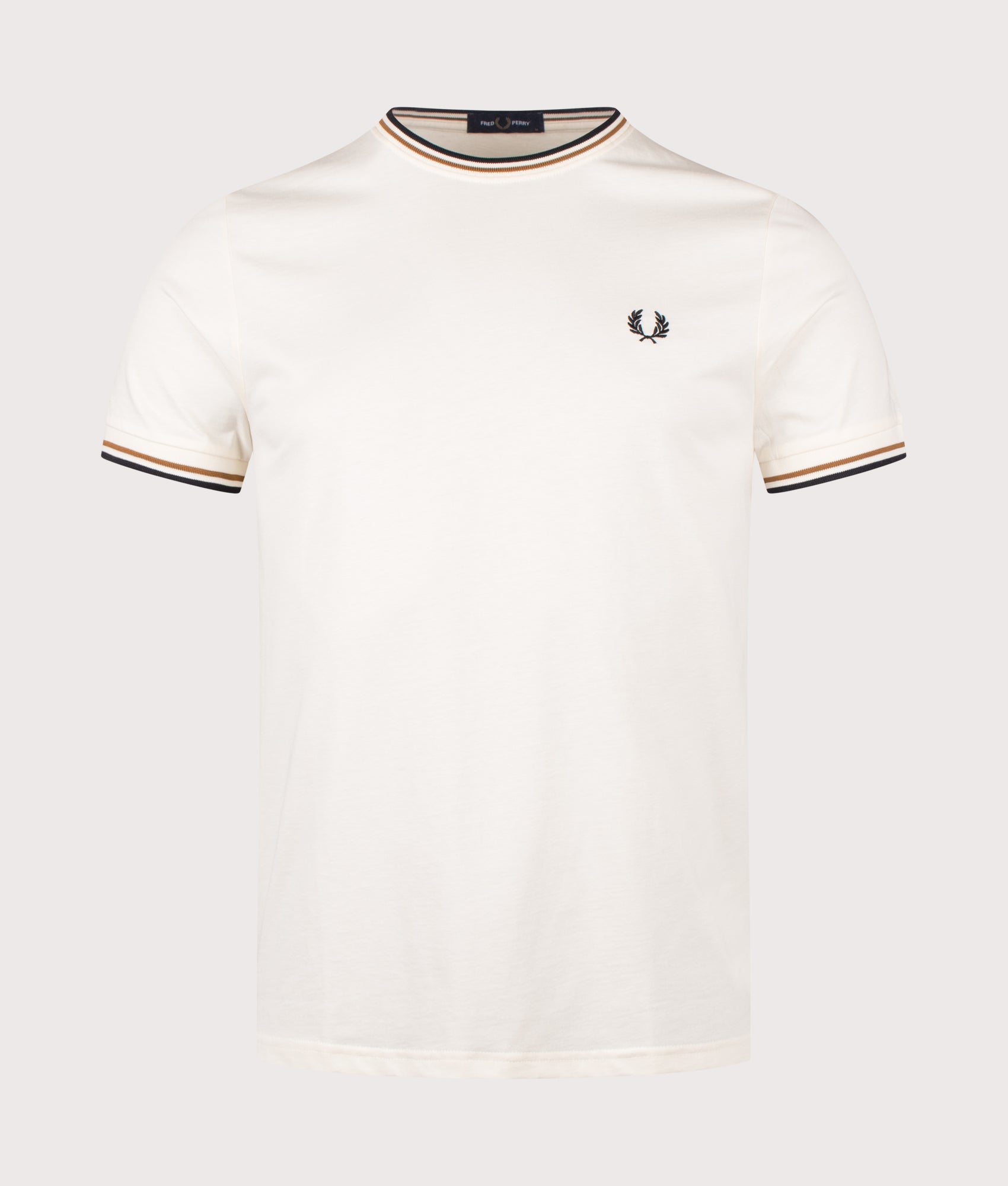 Fred Perry Twin Tipped T-Shirt in Dark Ecru, Dark Caramel and Black at EQVVS Menswear. Front shot.