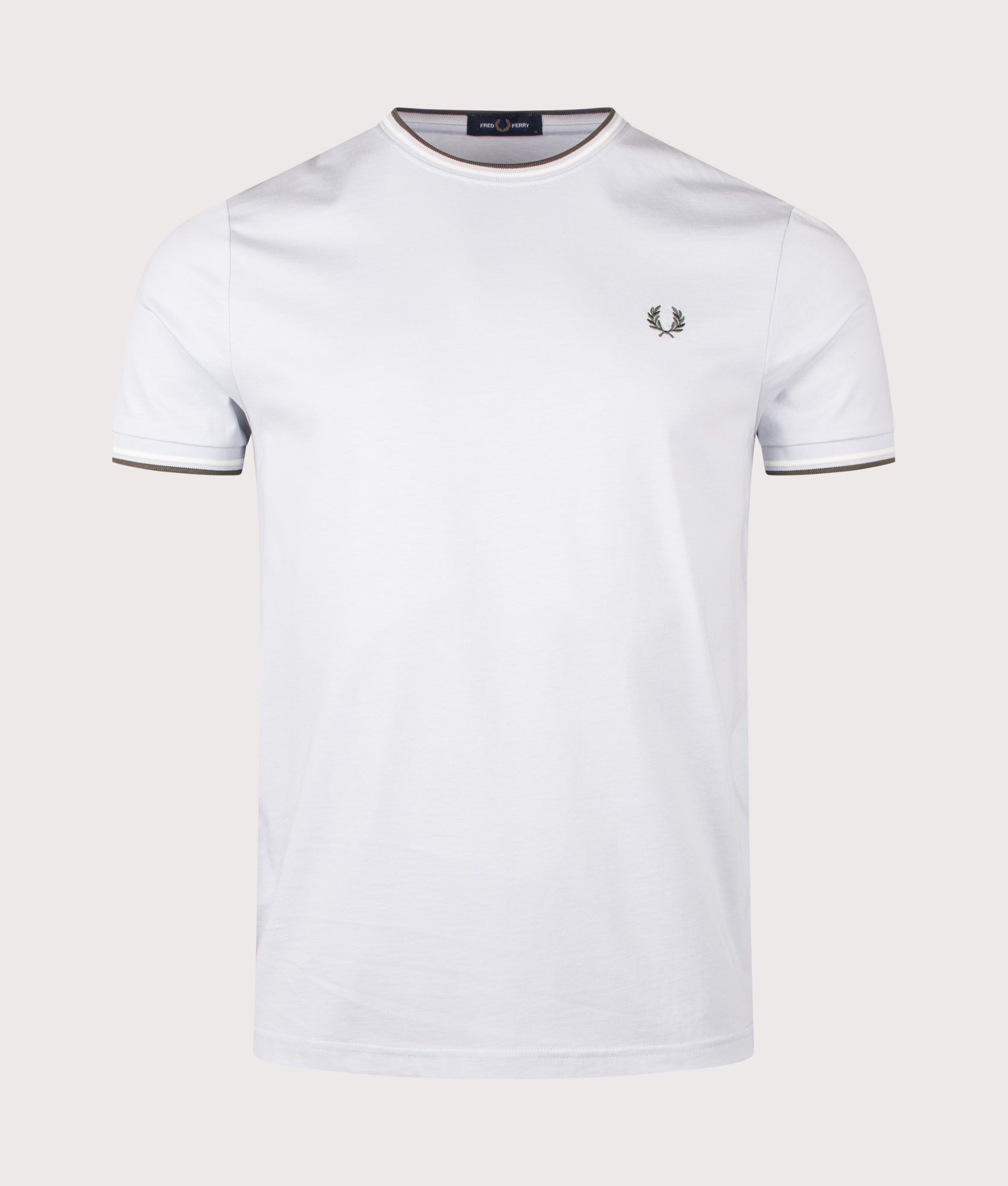Fred Perry Twin Tipped T-Shirt in Dusky Blue, Ecru and Laurel Wreath Green at EQVVS Menswear. Front shot.