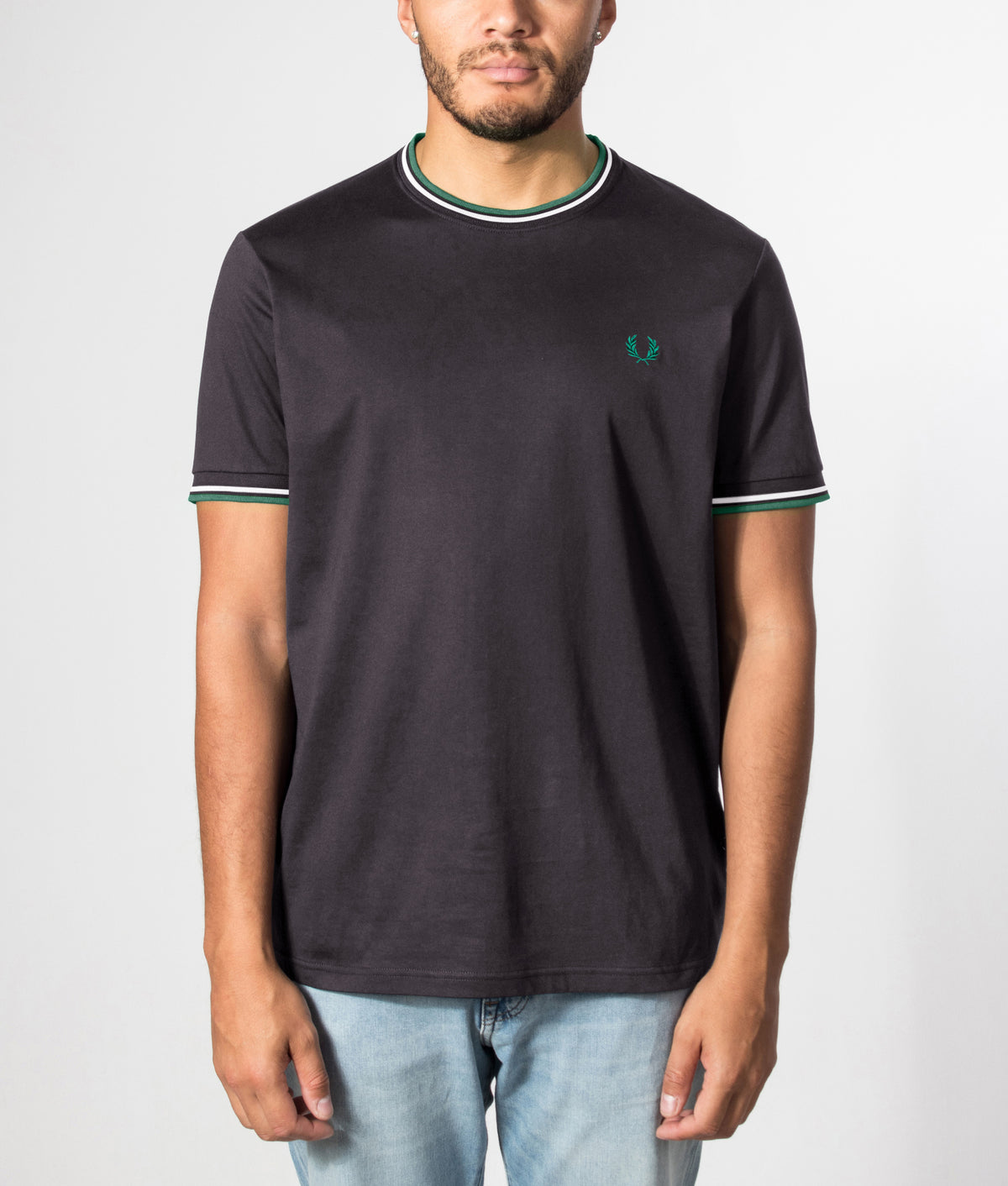 Fred Perry Twin Tipped T-Shirt in Anchor Grey, Light Ice and Sport Green at EQVVS Menswear. Front model shot.