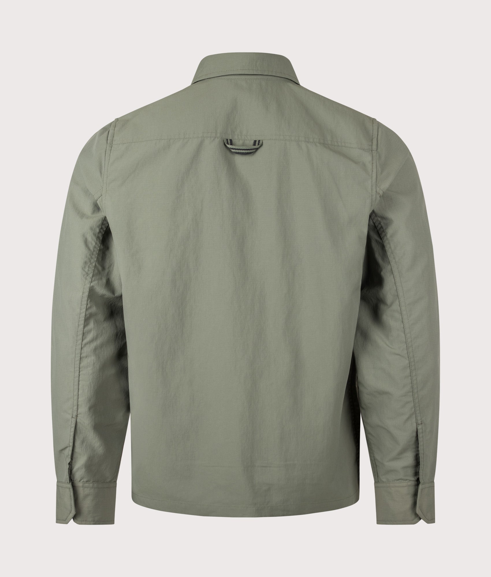 Fred Perry Ripstop Pocket Overshirt in Laurel Wreath Green at EQVVS Menswear. Back shot.