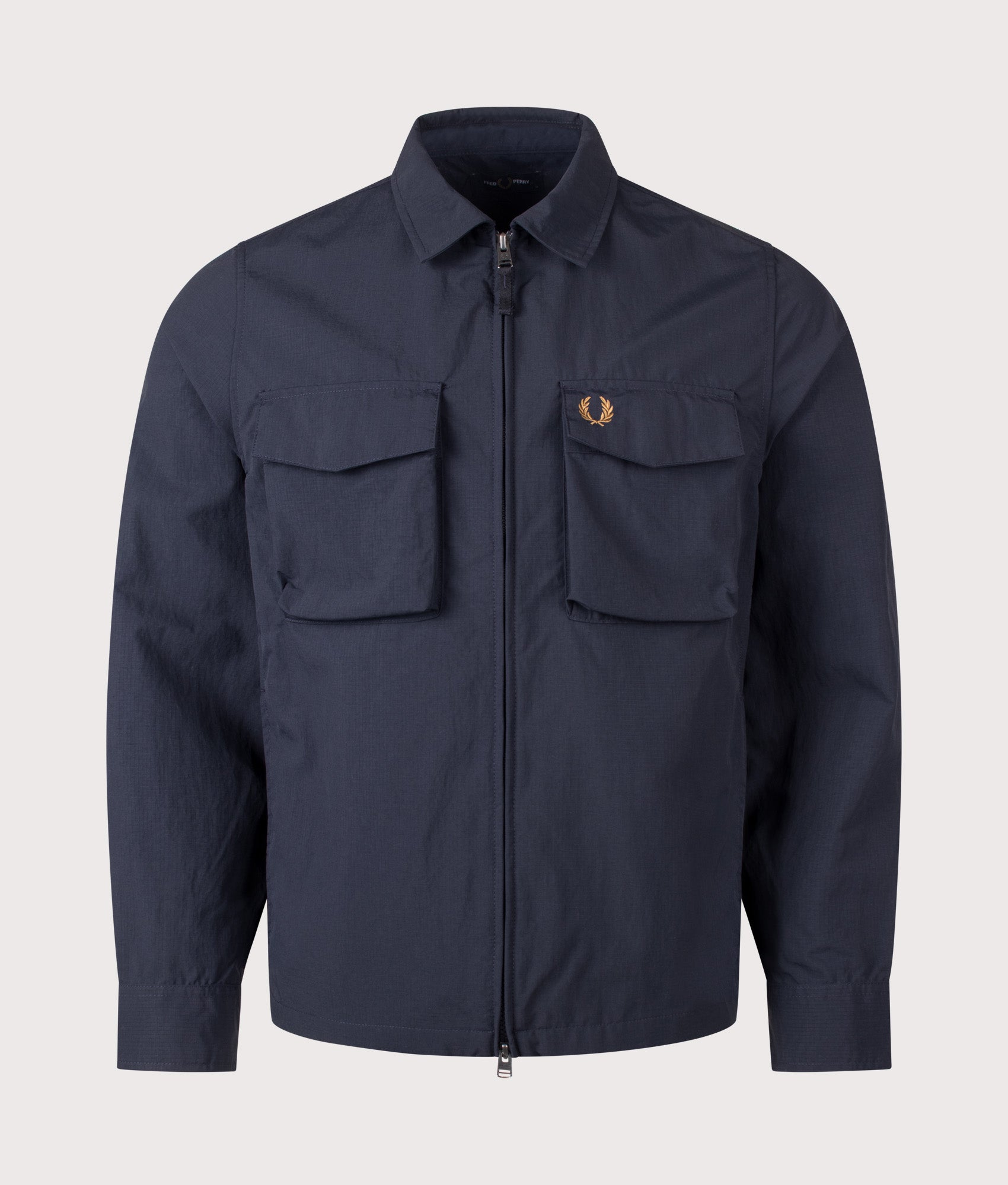 Fred Perry Ripstop Pocket Overshirt in Navy at EQVVS Menswear. Front shot.