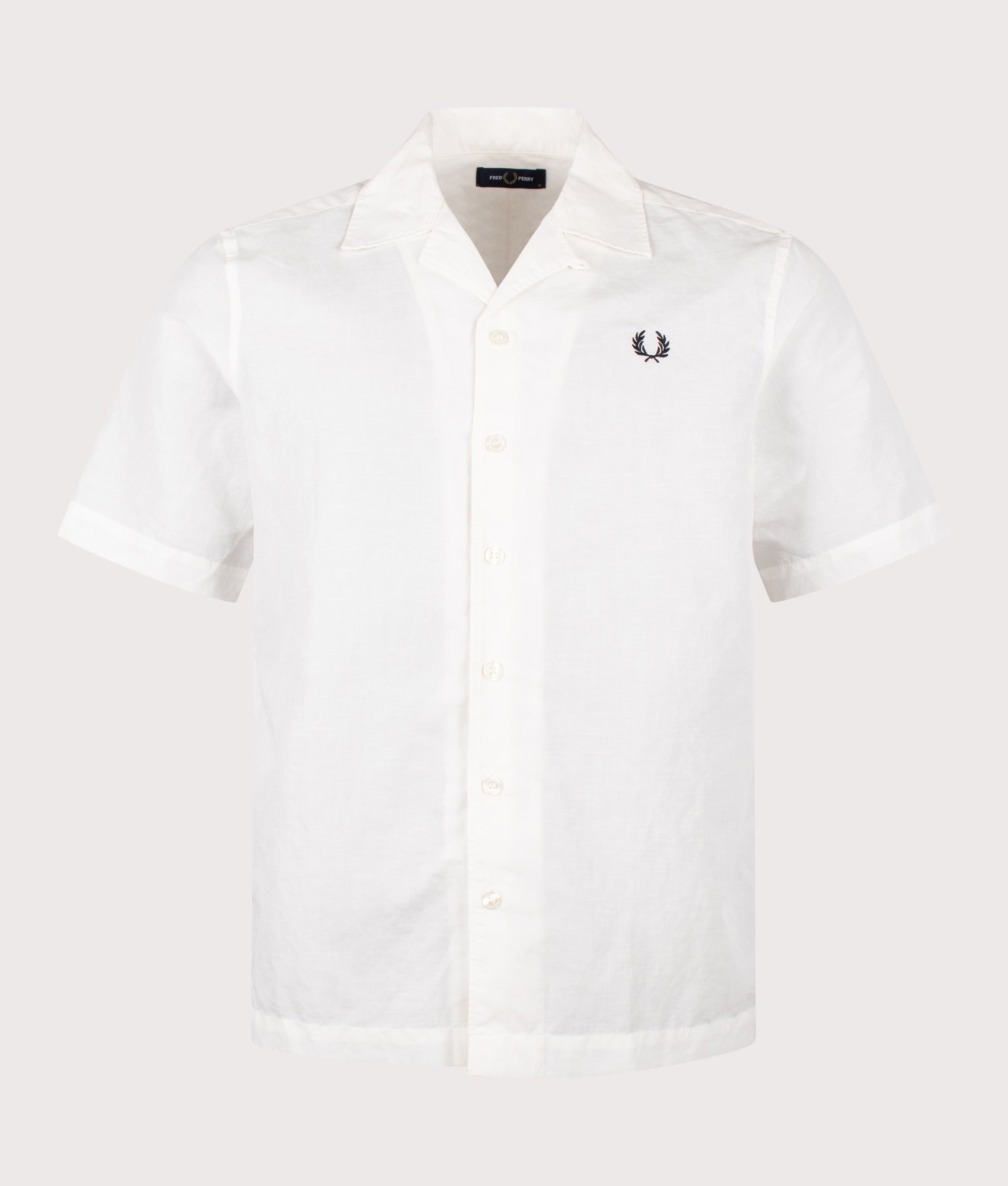 Fred Perry Relaxed Fit Linen Blend Revere Collar Shirt in Snow White at EQVVS Menswear. Front shot.
