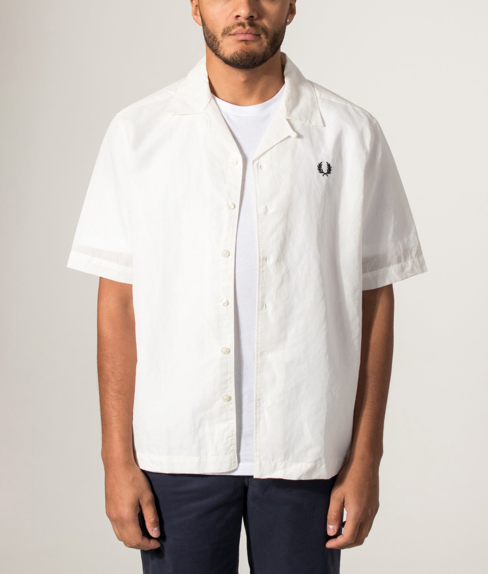 Fred Perry Relaxed Fit Linen Blend Revere Collar Shirt in Snow White at EQVVS Menswear. Model front shot.