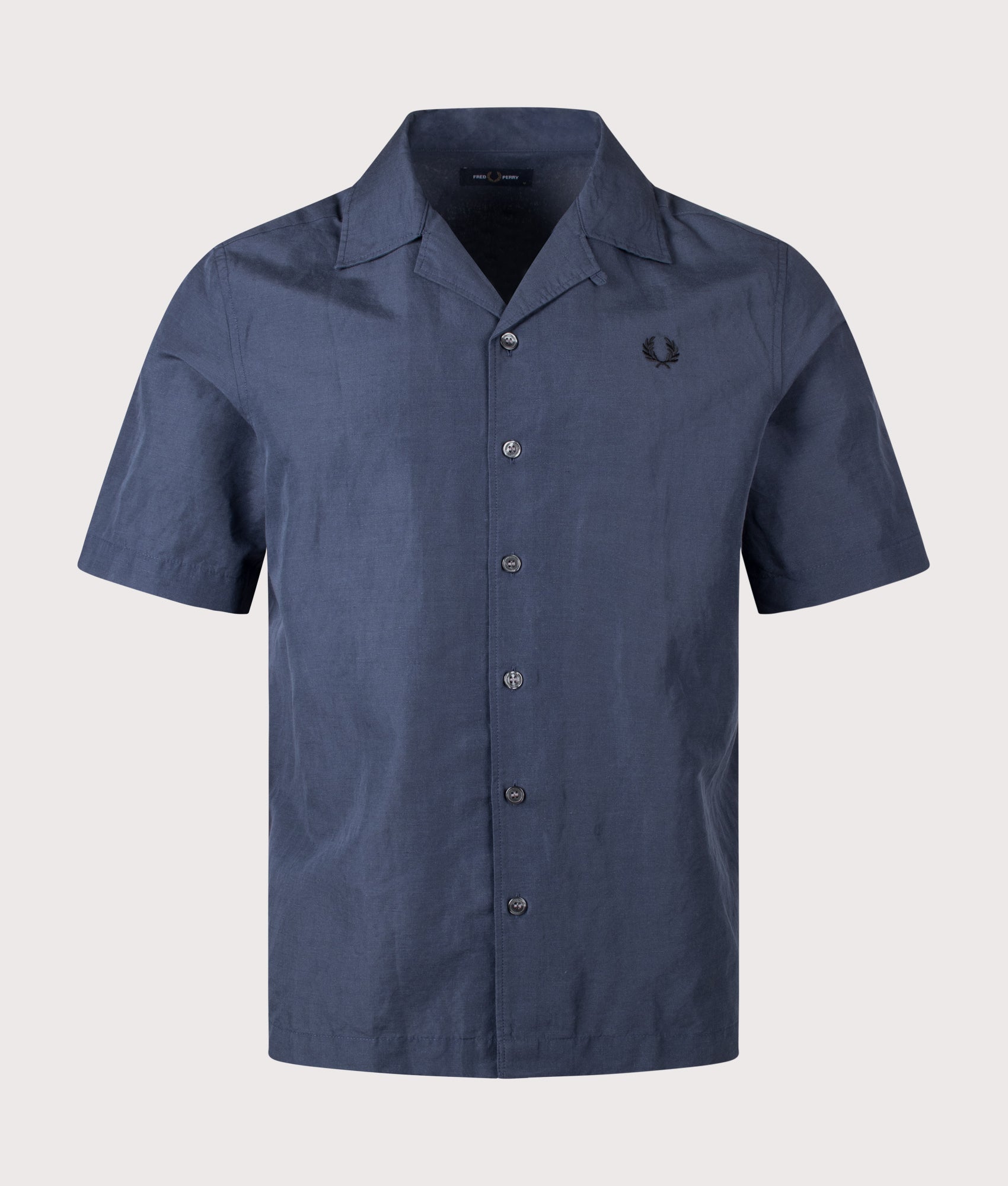 Fred Perry Relaxed Fit Linen Blend Revere Collar Shirt in Dark Airforce at EQVVS Menswear. Front shot.