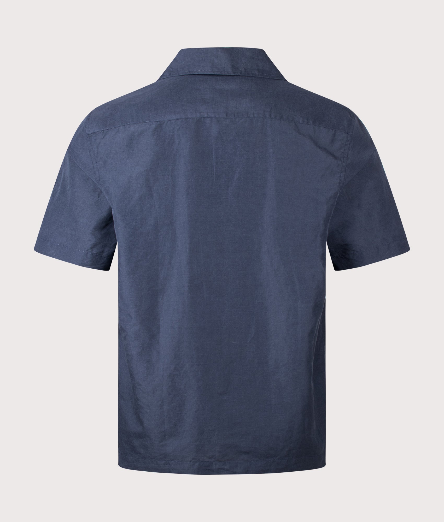 Fred Perry Relaxed Fit Linen Blend Revere Collar Shirt in Dark Airforce at EQVVS Menswear. Back shot.