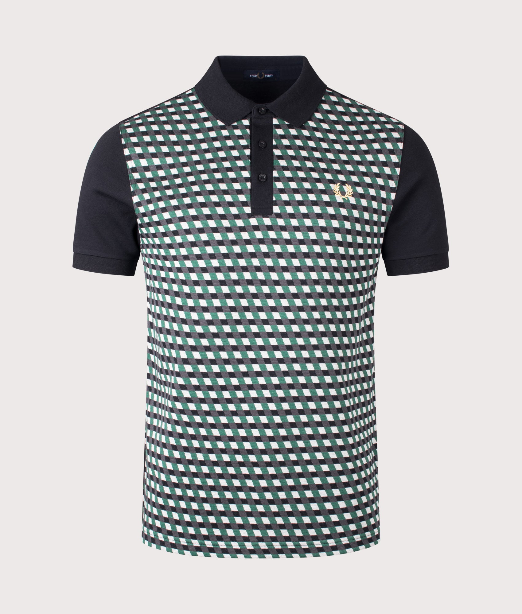 Fred Perry Geometric Polo Shirt in Black at EQVVS Menswear. Front shot.