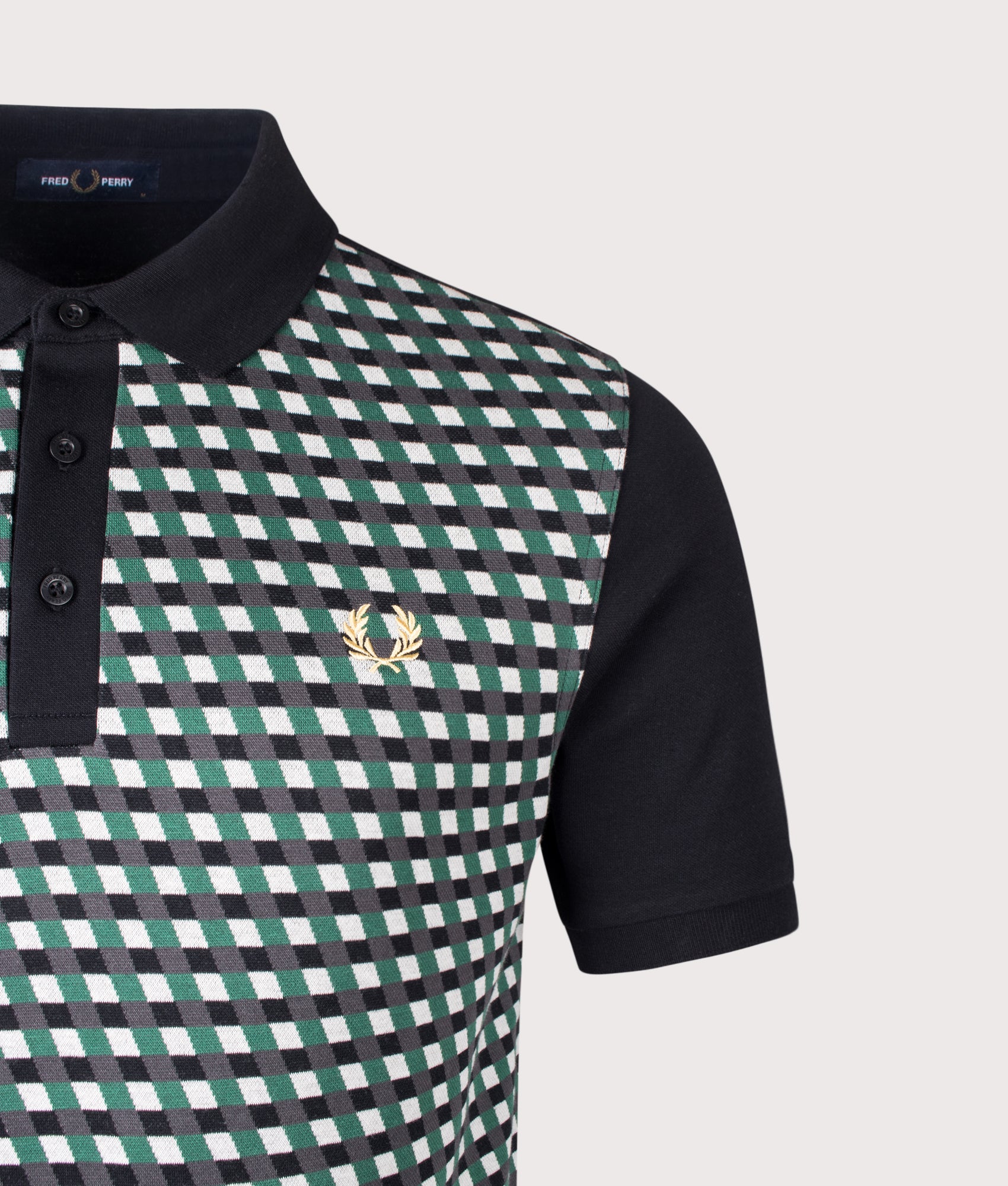 Fred Perry Geometric Polo Shirt in Black at EQVVS Menswear. Detail shot.