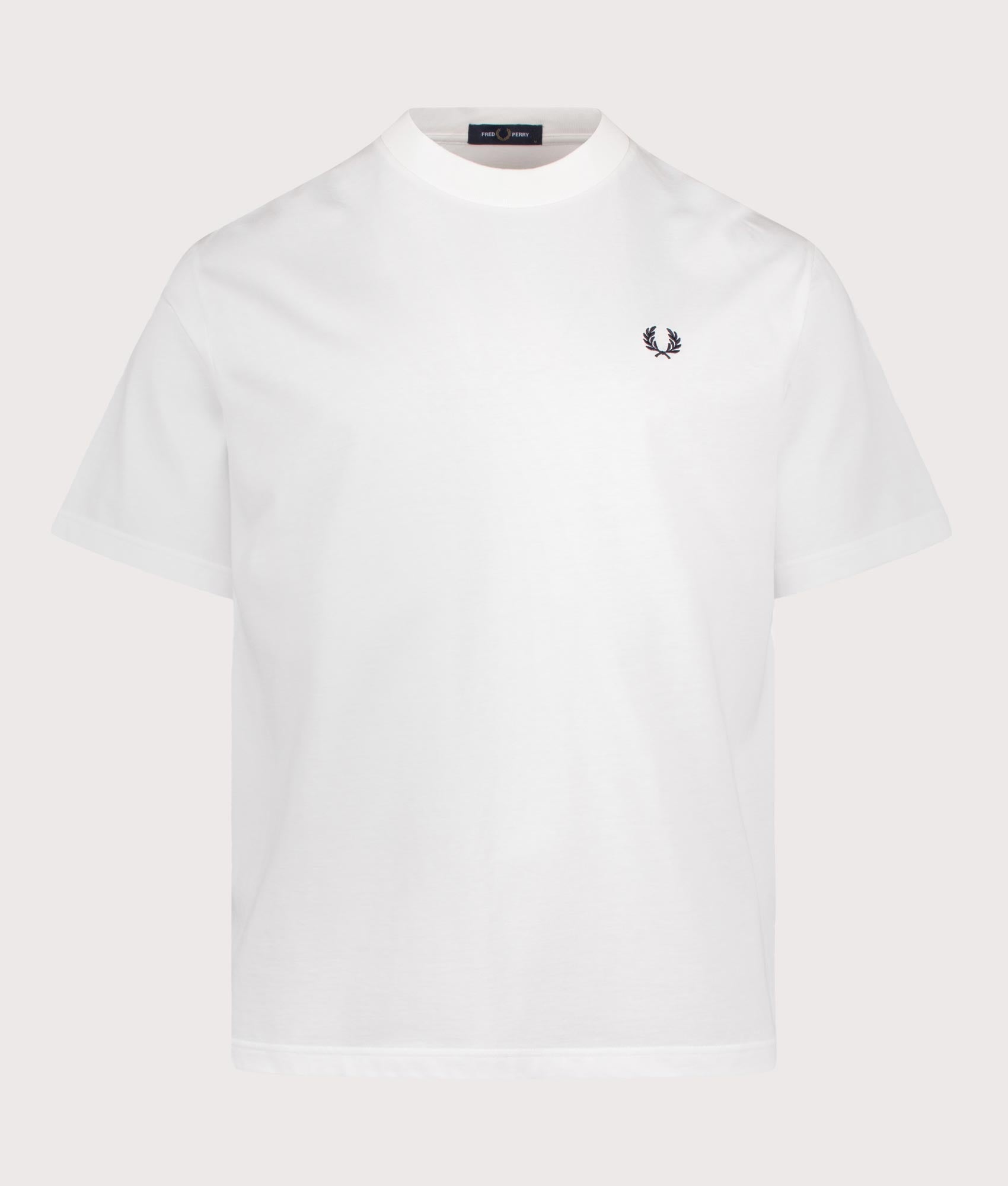 Fred Perry Relaxed Fit Back Print Fred Perry Text T-Shirt in Snow White at EQVVS Menswear. Front shot.