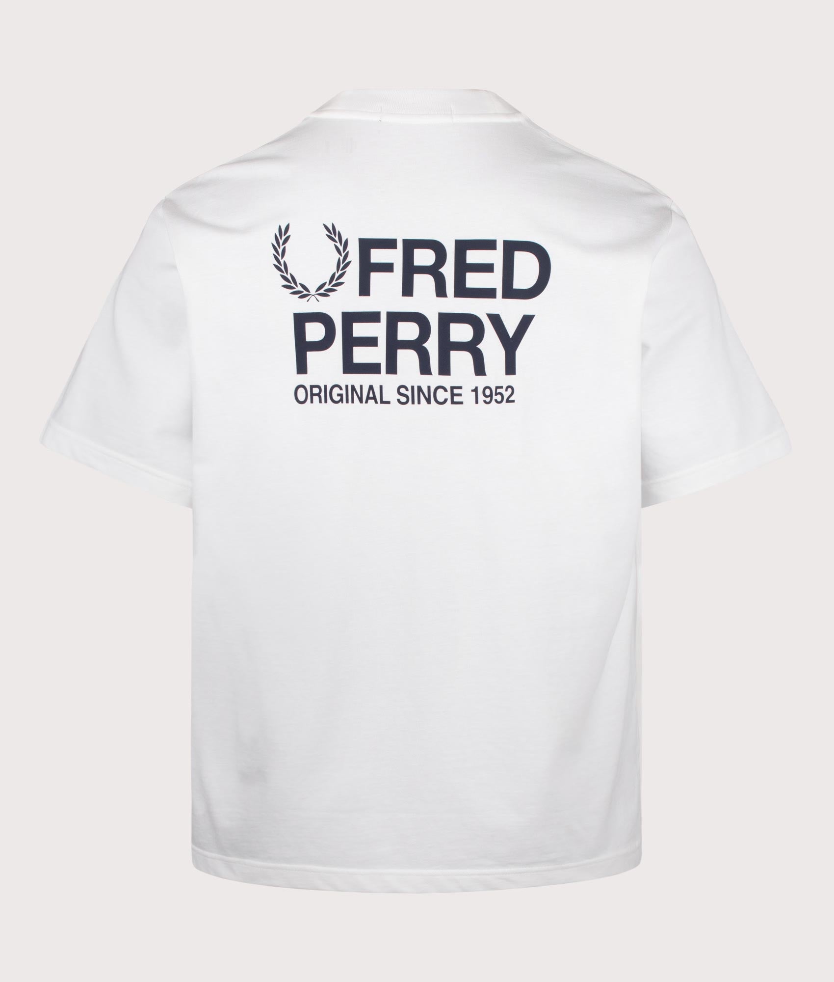 Fred Perry Relaxed Fit Back Print Fred Perry Text T-Shirt in Snow White at EQVVS Menswear. Back shot.